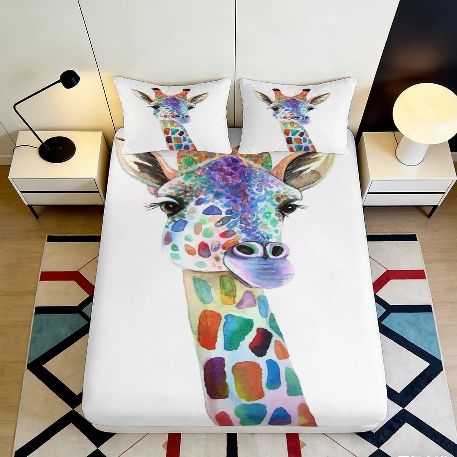 3D Printed Colorful Giraffe Fitted Sheet Microfiber Soft Artistic Rainbow Animal Bed Cover for Bedroom Decor Dorm Mattress Protection 90x200x25cm