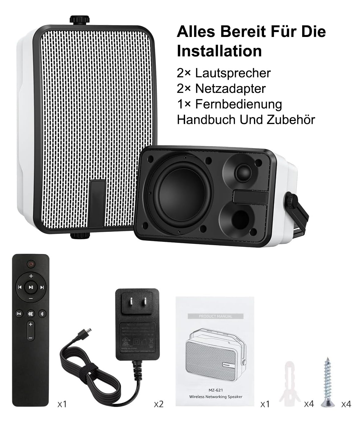 400W Outdoor-Bluetooth-Lautsprecher, Kabellose Lautsprecher-Synchronisation, Kraftvoller Bass, Wandmontage, Für Terrasse, Veranda, Pavillon, Garage, 2er-Pack, MZ-621