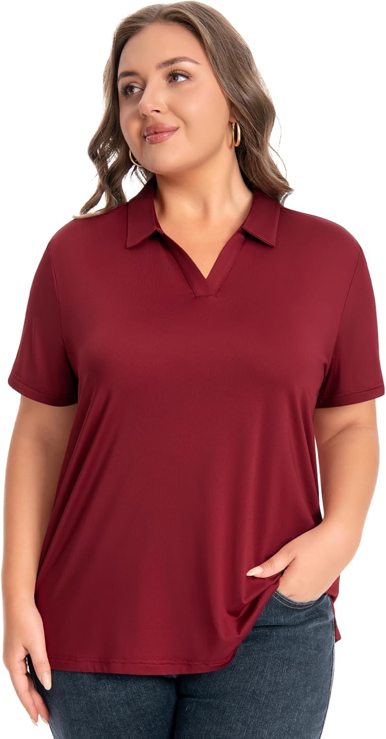 Idtswch Women's Plus Size V-Neck Short Sleeve Polo Shirt Quick-Dry UPF 50+ Casual Work Golf Shirt(XL-6XL)