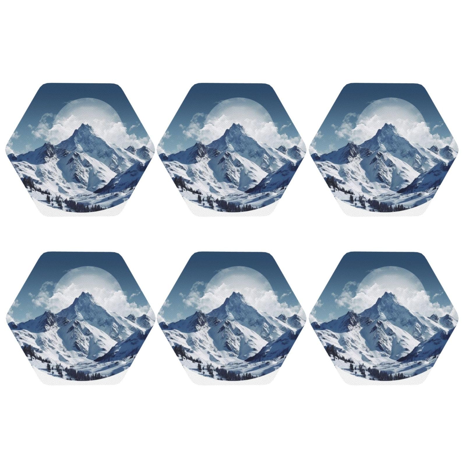 6pcs Leather Coasters for Drinks, Snow Mountain Drink Coasters for Tabletop Protection, 4" Cup Coasters for Coffee Table Decor, Non-Slip Drinking Cup Mat for Hot Or Cold Drink