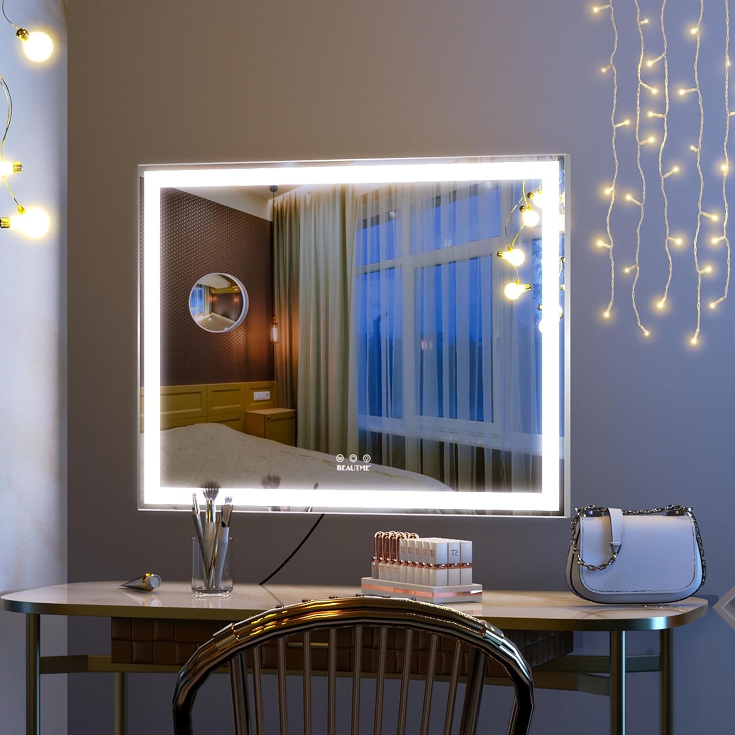 BEAUTME Vanity Mirror with Lights, Hollywood Lighted Makeup Mirror for Dressing Room & Bedroom, Slim Aluminium Frame Design(Silver,28.3" x 22.2")