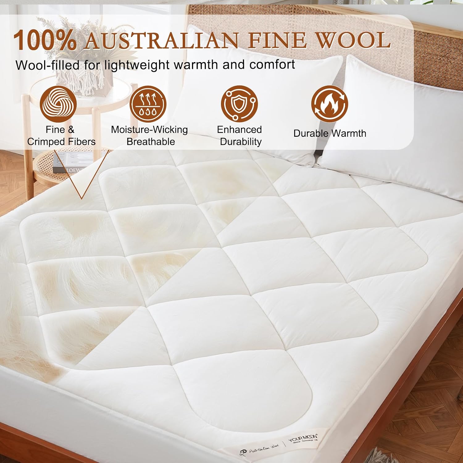 YOUR MOON Natural Wool Mattress Pad Queen – 500GSM Australian Wool Mattress Topper, Quilted Fitted Mattress Bed Cover with 16" Deep Pocket, Hypoallergenic Cotton Cover (White)