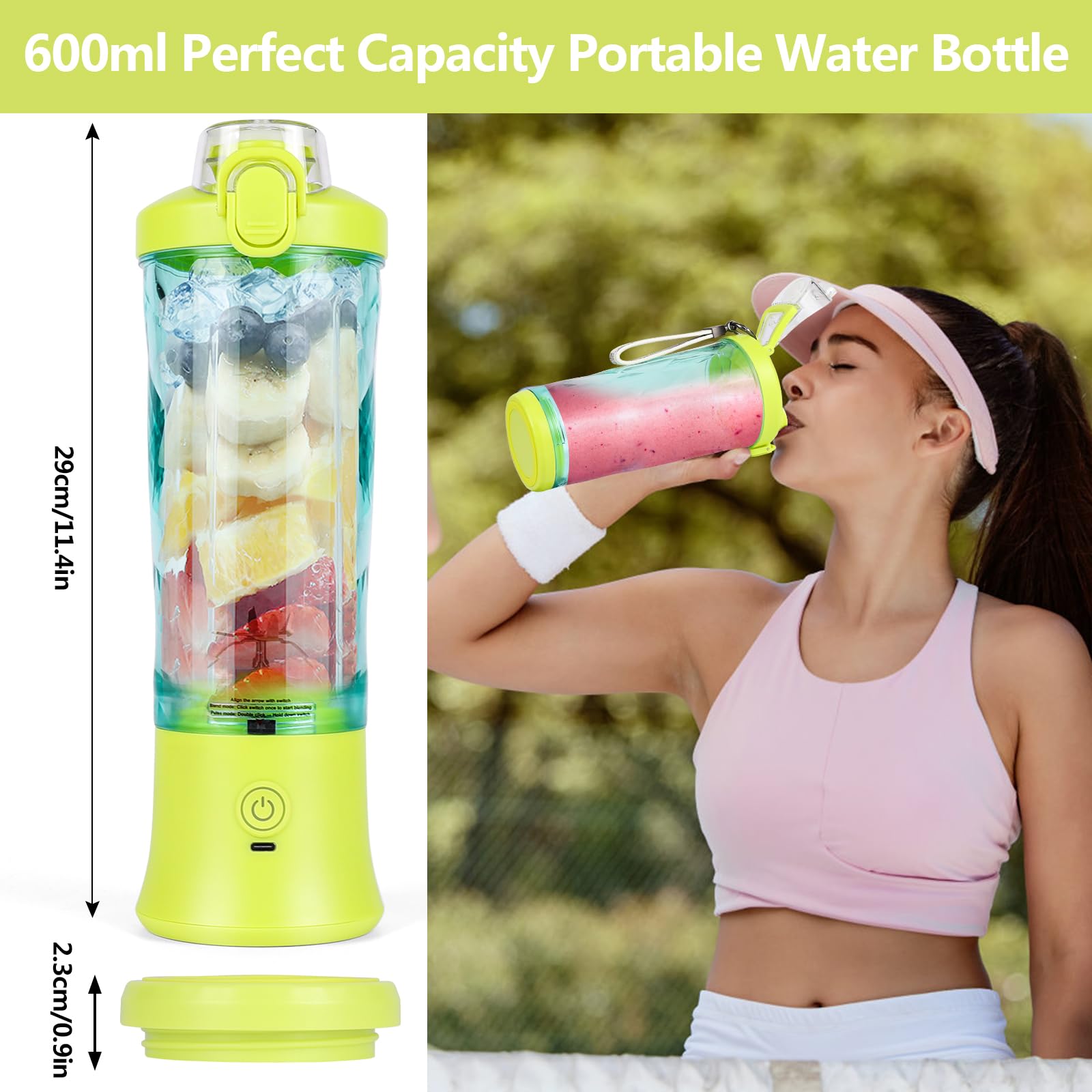 Dreamhigh Mikser Smoothie Maker, 600 ml, przenośny mikser do smoothie i shake'ów z 6 ostrzami, 4000 mAh, mini mikser może wycisnąć 25 filiżanek soku do biura, na kemping i w podróży (żółty)