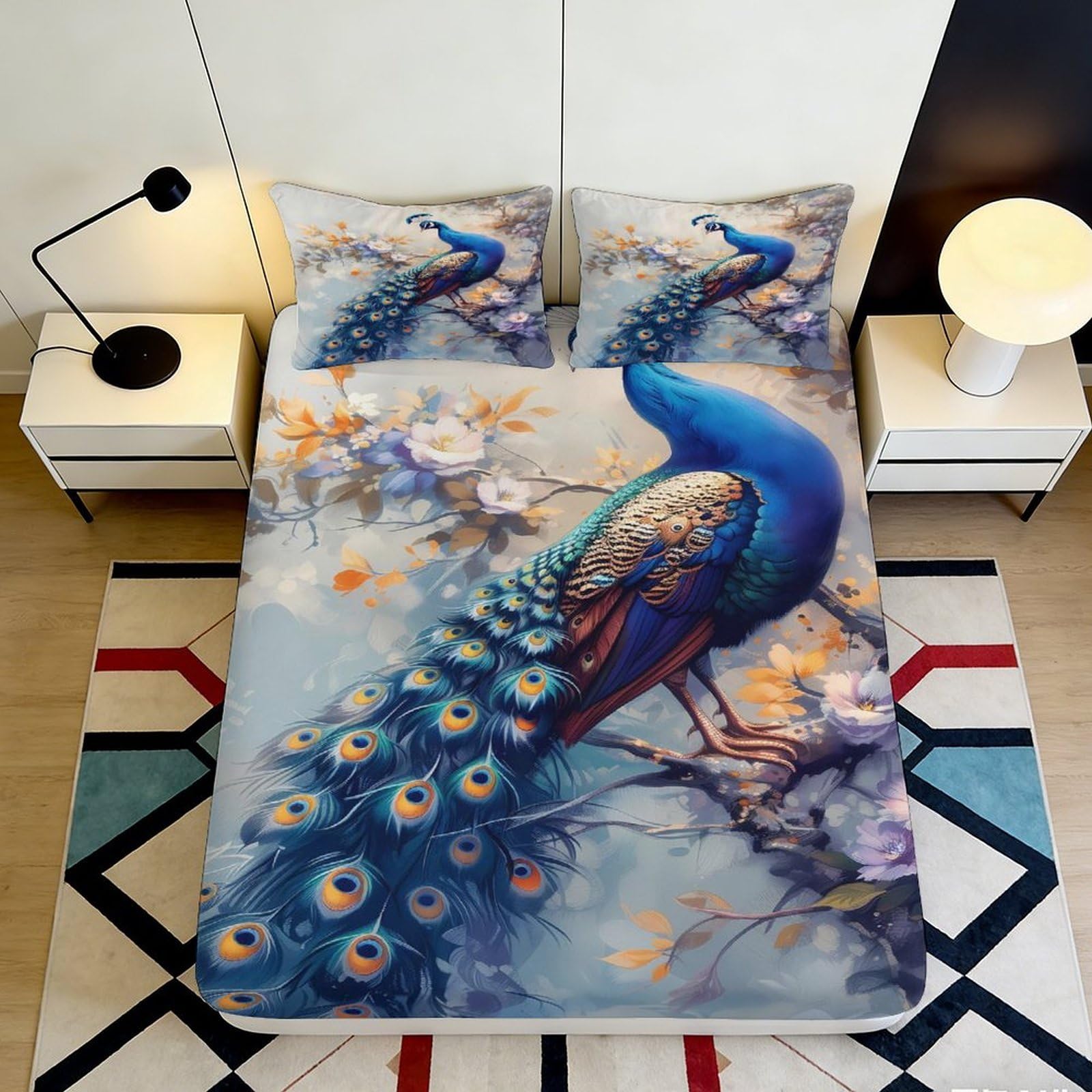 3D Printed Peacock Blossom Fitted Sheet Microfiber Anti-Slip Bed Cover Bedroom Decor Mattress Protection Easy Care 90x200x25cm
