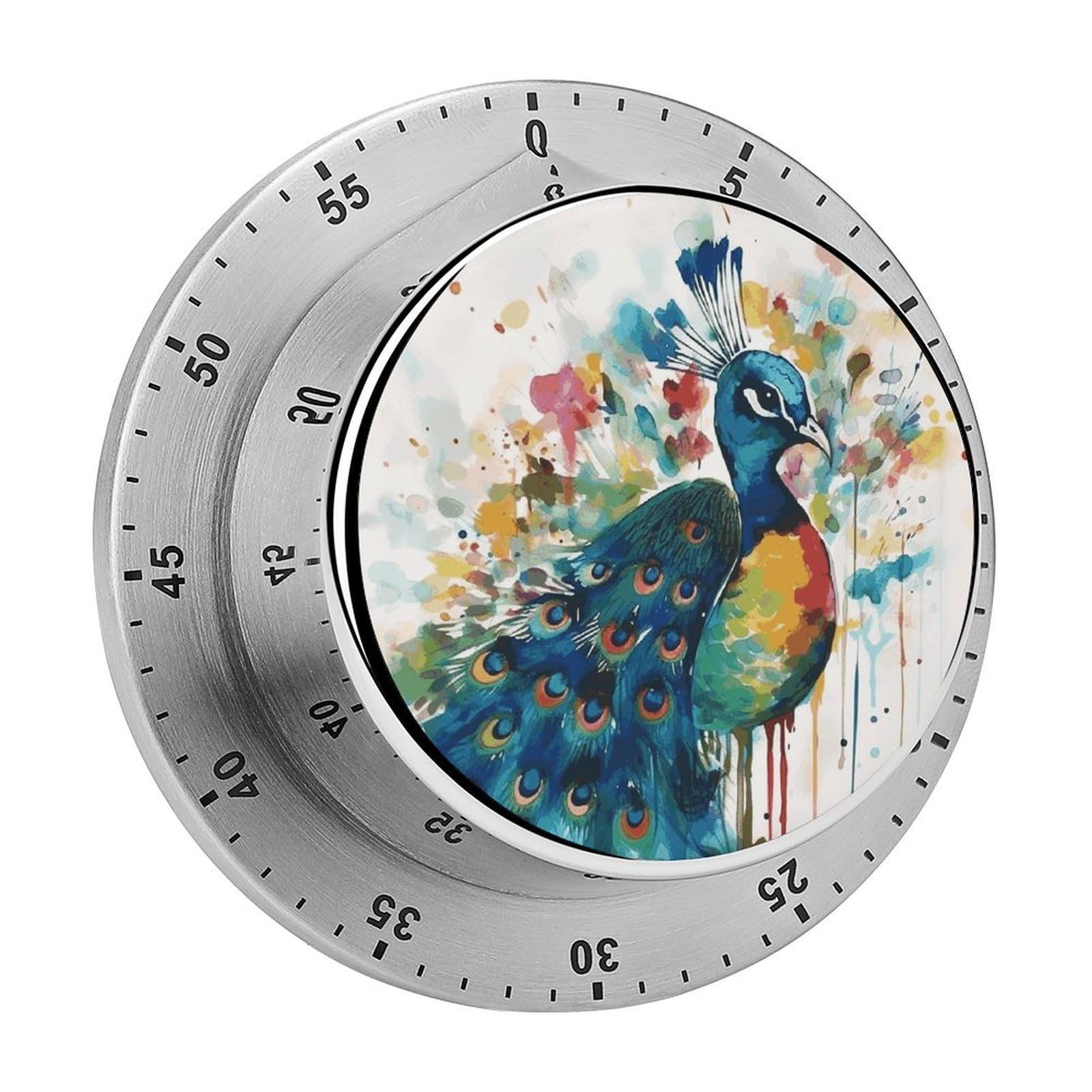 Watercolor Peacock Timer Exquisite Stainless Steel Magnetic Timers Waterproof Durable Mechanical Countdown Countup for Loud Alarm for Baking Grilling Studying