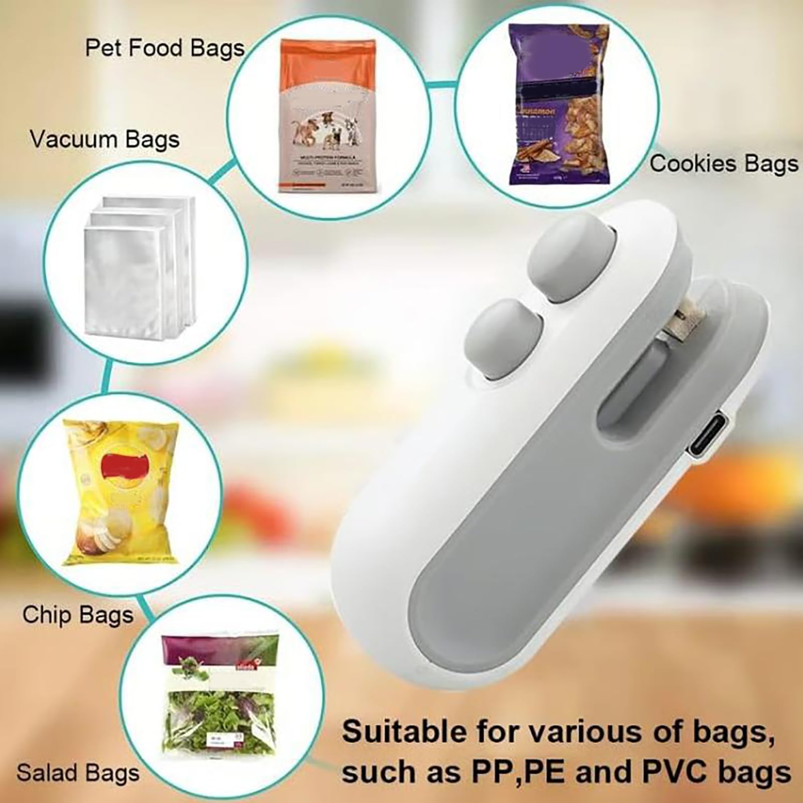 Mini sellador de bolsas con cortador e imán, mini sellador de bolsas recargable, máquina de sellado térmico de plástico portátil a presión manual para aperitivos, patatas fritas, almacenamiento de