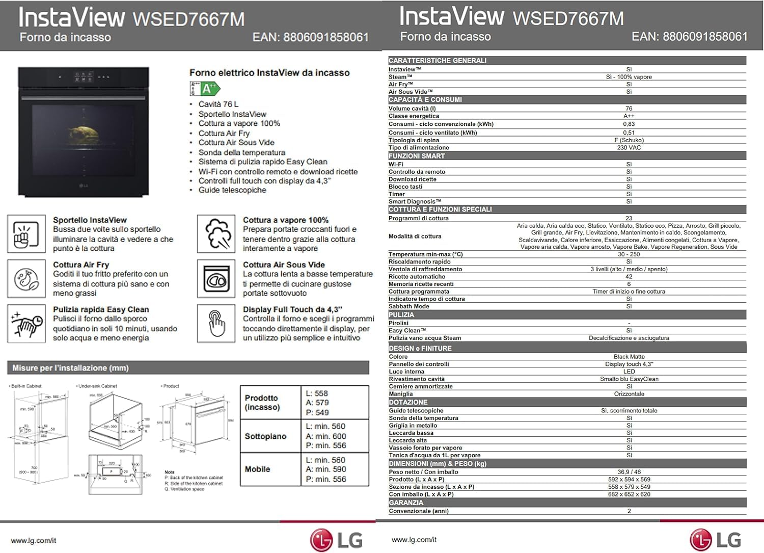 LG InstaView WSED7667M Forno da Incasso 100% Vapore, classe A++, 76L, 250°C, Display Touch 4,3", Air Fry, Sous Vide, Pizza, EasyClean, Wi-Fi, Cerniere Ammortizzate, Sonda Temperatura, Nero