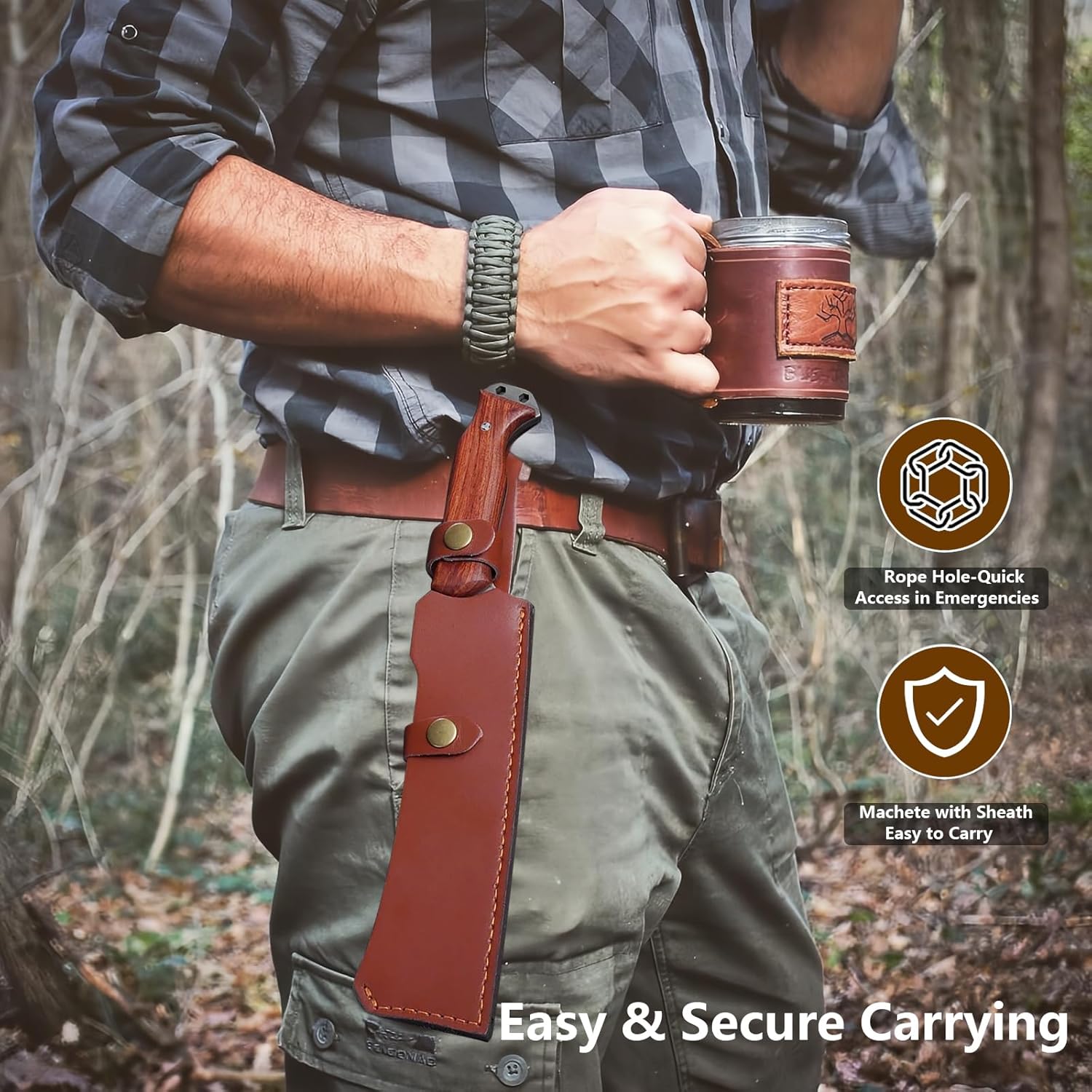 Machete w Sheath for Yard Work, 15'' Full Tang Camping Machete for Cutting Trees Heavy Duty, Survival Machetes, 0.22’’ Thick 5CR15MOV Stainless Steel Blade Spine & Wood Handle, Clearing Brush and Gardening - Image 6