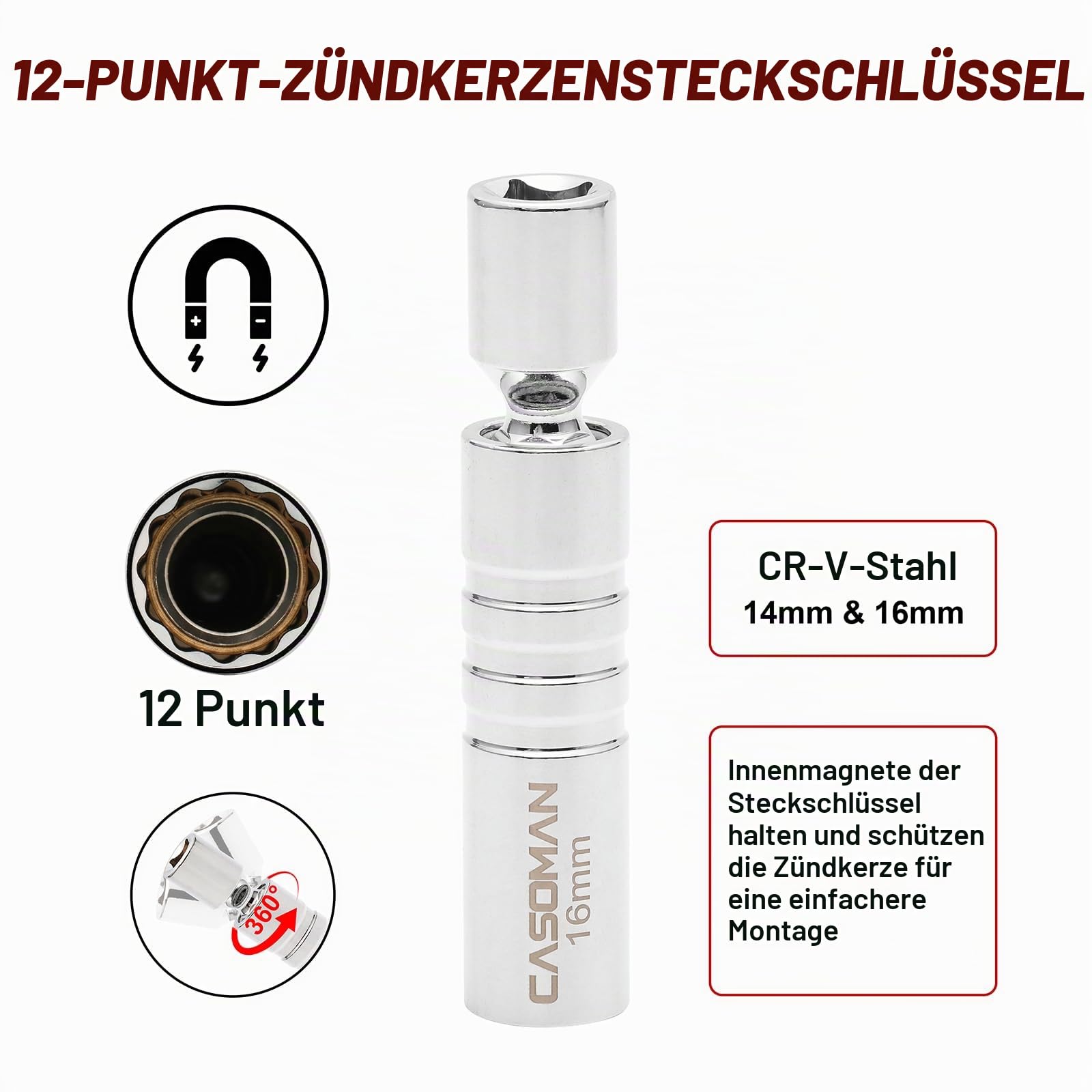 CASOMAN 11PCS 3/8-Inch Drive Spark Plug Socket Set, 6&12-Point, Include 5-60Nm Click Torque Wrench, Spark Plug Gapper, U-Joint & Ext Bar, CR-V | 6 & 12-Punkt, 5-60Nm Drehmomentschlüssel, Zündkerzenlehre, Kardangelenk & Verlängerungsstange, CR-V