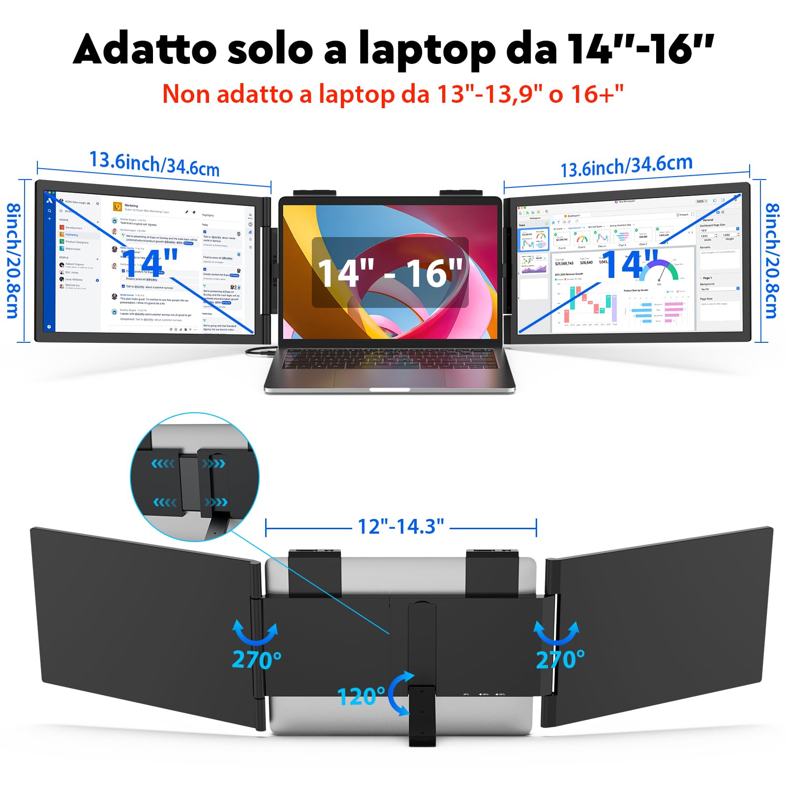 MAGICRAVEN Doppio Schermo PC Portatile, 14" FHD 1080P IPS Triplo Schermo PC Portatile, Monitor Portatile per Laptop da 14" a 16", Doppio Monitor Compatibile con Windows/MacBook/Chrome/PS/X-Bo