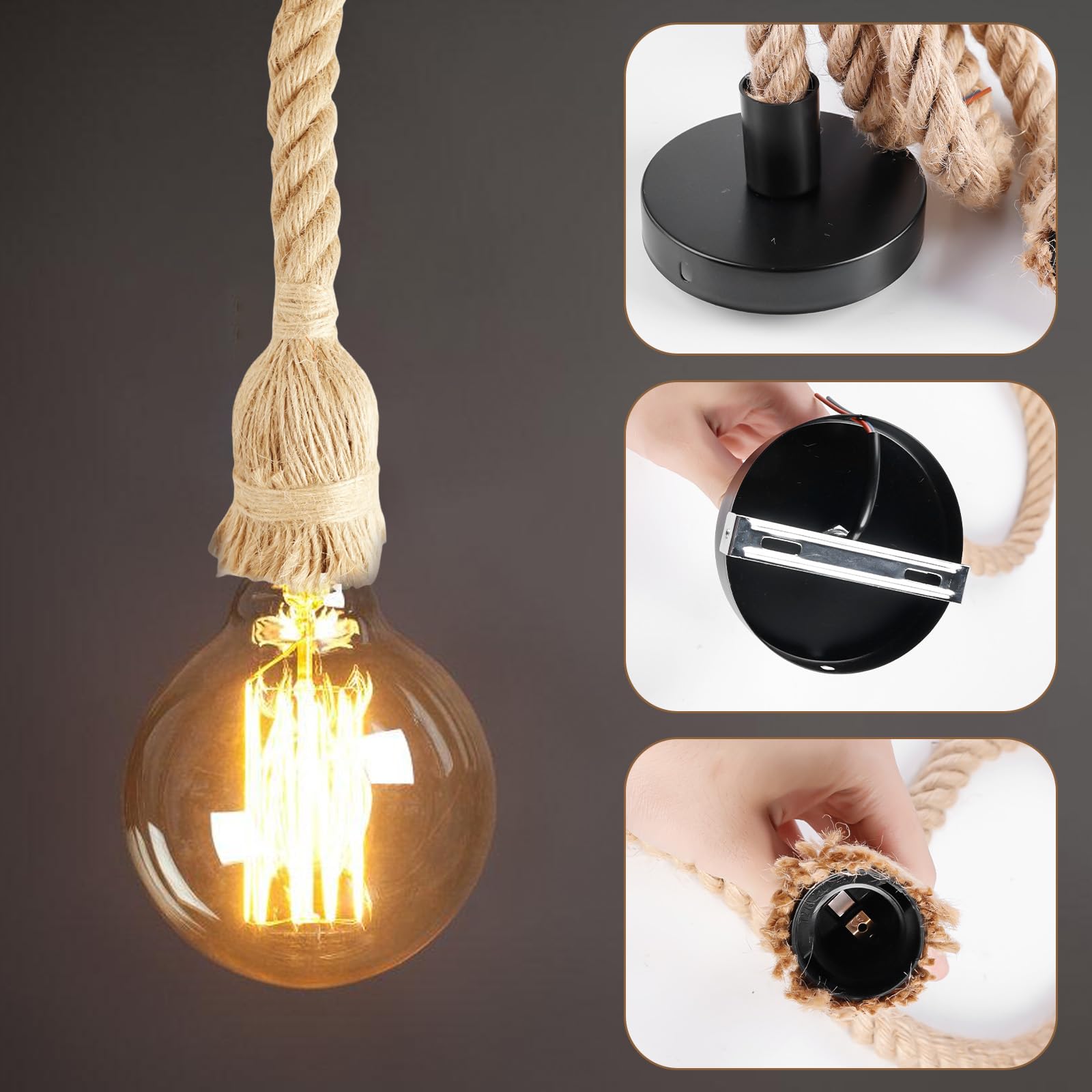 4 pezzi Portalampada E27 con cavo, Lampada a sospensione in stile retrò con corda di canapa e cavo da 100 cm, Kit di lampada a sospensione in corda di canapa per cucina, caffè, bar, magazzino