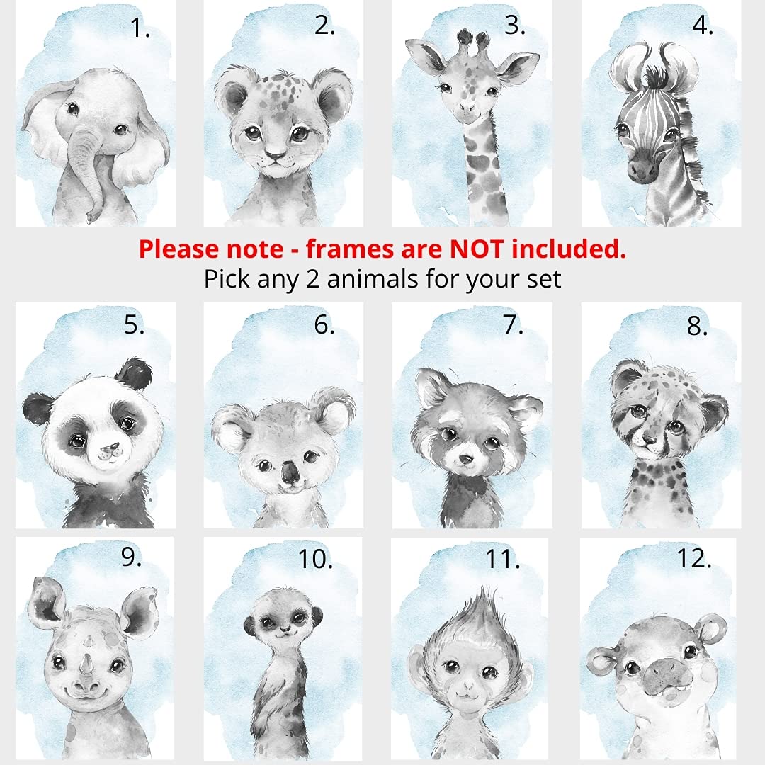 Personalized Safari Animals for Baby Boy Girl Nursery Bedroom, Unframed Set of 3 Poster Prints, Personalized Name Gray Blue Green Yellow Watercolour Splash Wall Art Decor, Gift Present, Elephant Giraffe Lion (12x16)