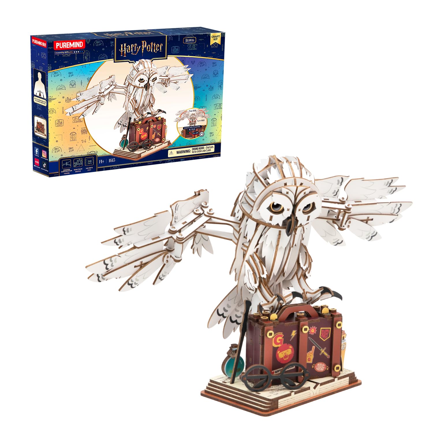 PUREMIND Harry Potter Hedwig, Puzzle 3D Madera, maqueta búho articulado DIY | Licencia oficial, regalo Harry Potter, alas móviles, cabeza giratoria, montaje DIY, acabado muy detallado, pieza de colección