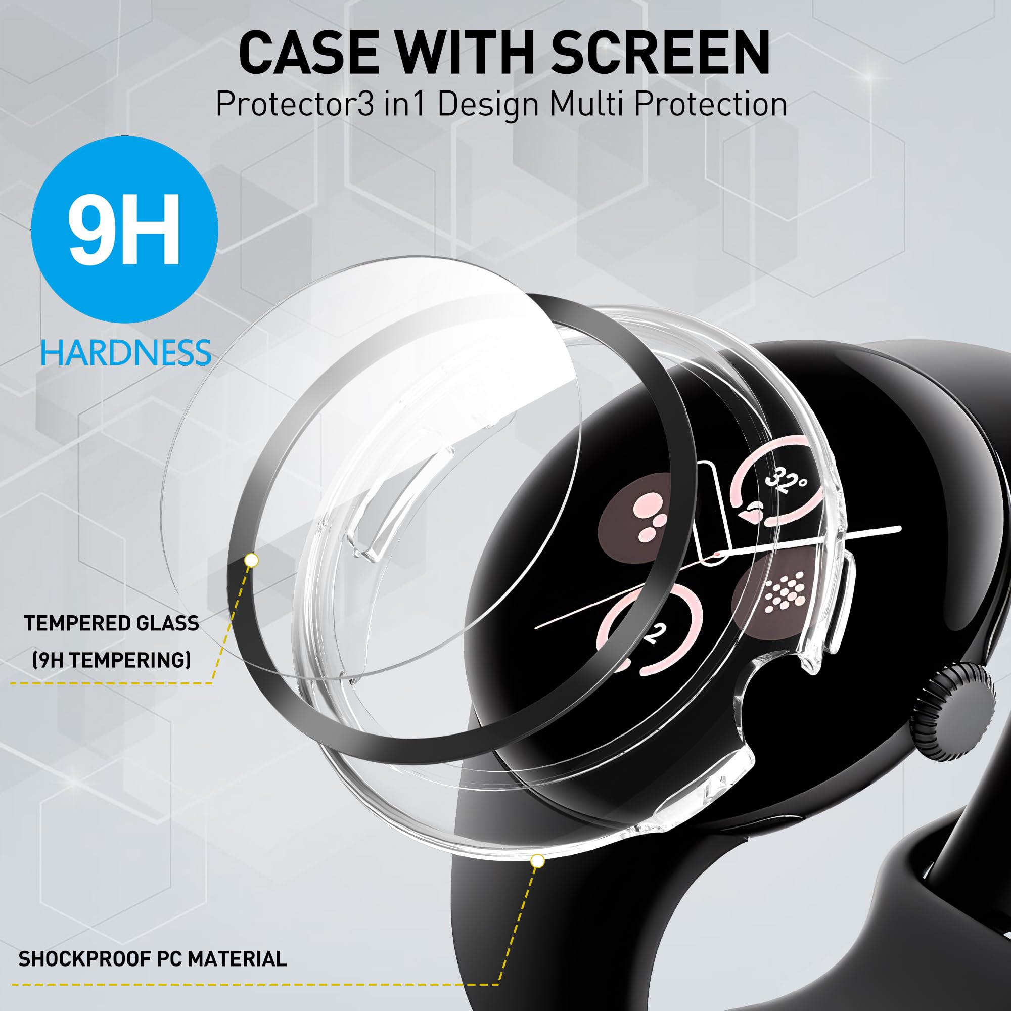 Diruite 3-Pack Screen Protector for Google Pixel Watch 3/2/1 41mm Tempered Glass Case All Around Hard PC Protective Cover,Black&Grey&Transparent - Image 4