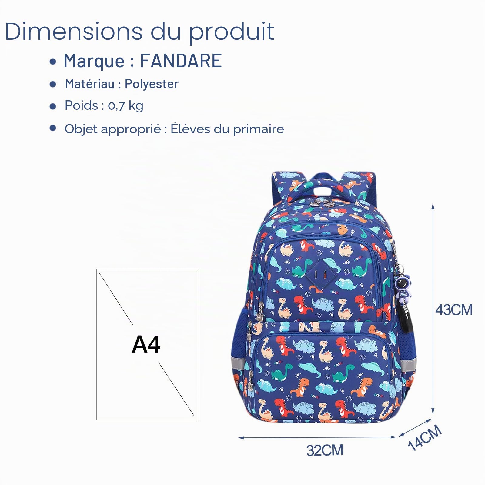 FANDARE Sac à Dos Dinosaure Maternelle avec Bandes Réfléchissantes - Cartable Scolaire Garçon/Fille Stitch Bleu