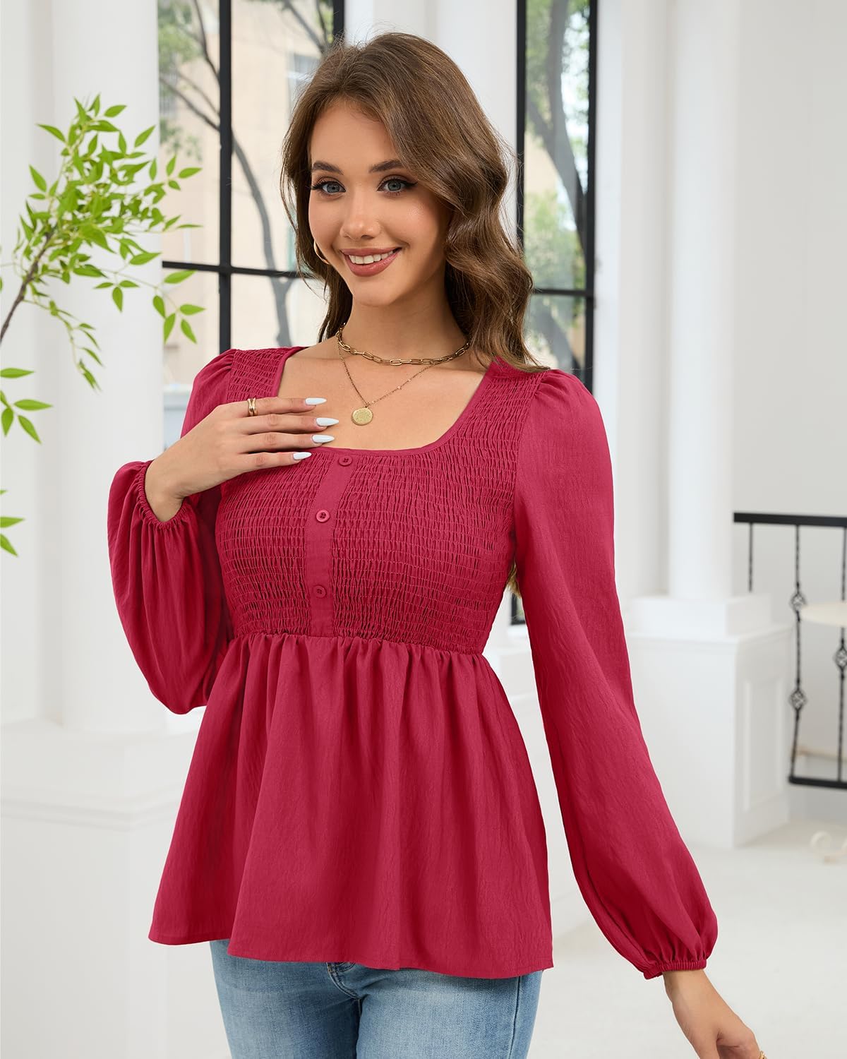 HEYTALALA Womens Peplum Tops Square Neck Smocked Puff Long Sleeve Blouses Babydoll Shirts 2025 Fall Dressy Casual Clothes - Image 5