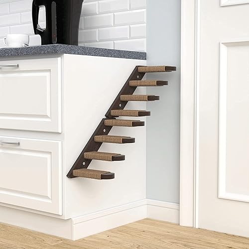 Miniatura 9 de Skywin Cat Steps - Paquete de 3 escaleras de madera de goma maciza de color gris, ideales para arañar y escalar, estantes para gatos montados en la
