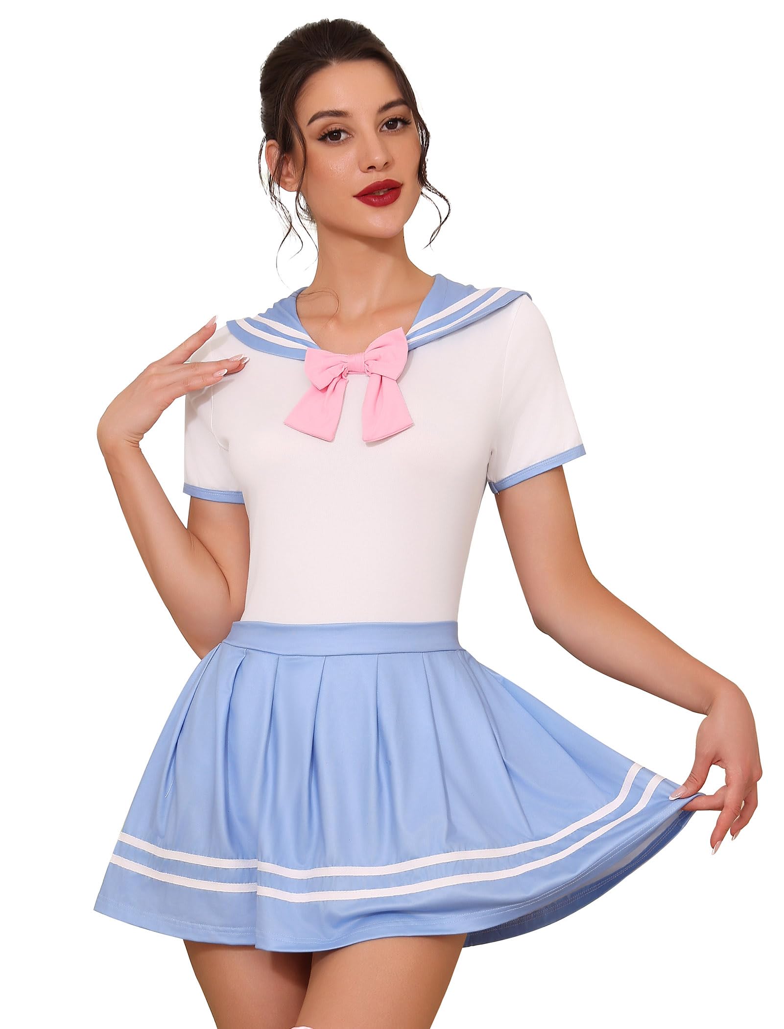Women Cute Romper Bodysuit Pleated Skirt Short Sleeve Sailor Collar Pajamas Sleepwear Set-image-16