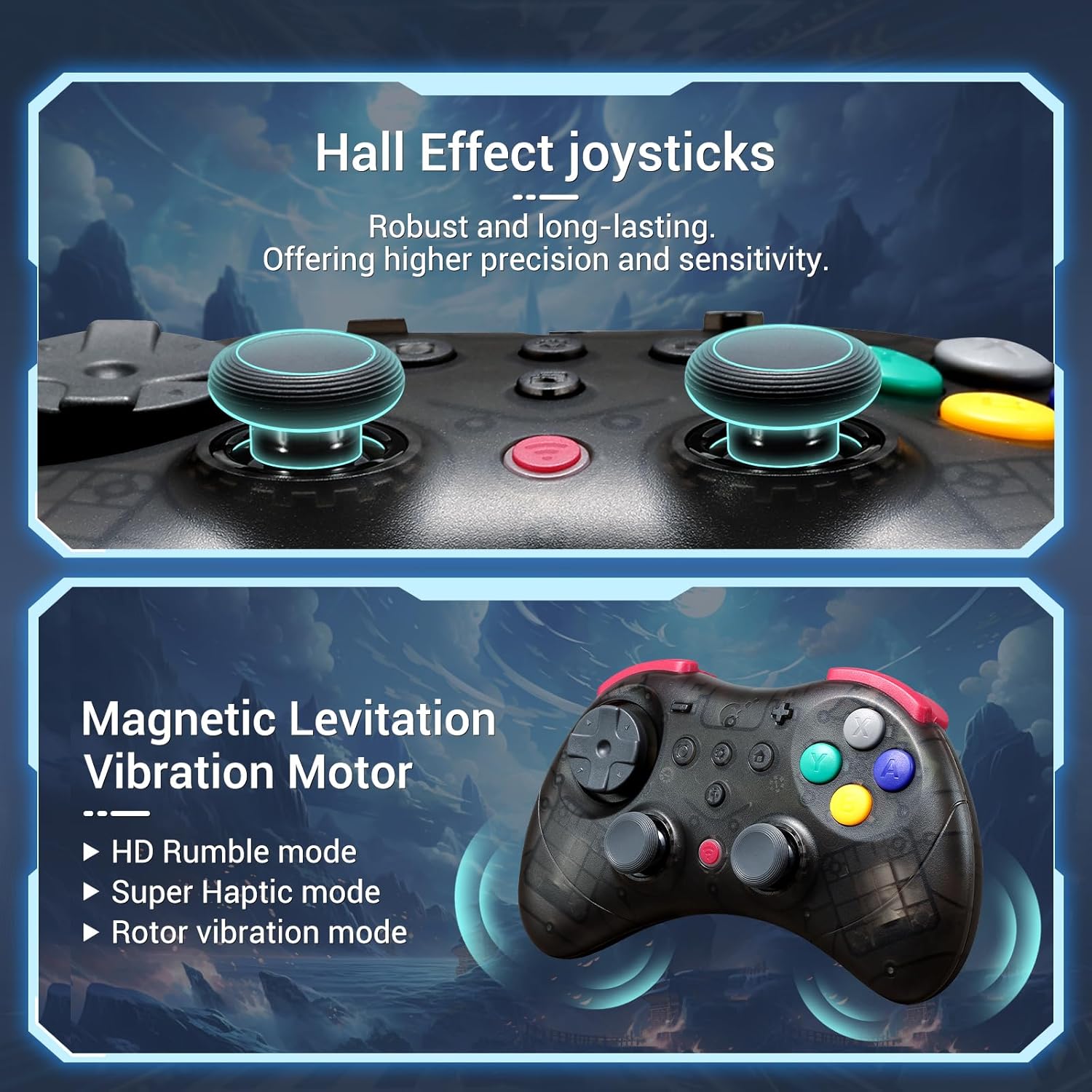 AKNES GuliKit Elves 2 Pro Wireless Gaming Controller for Switch/Switch 2, Windows, iOS and Android - Hall Effect Joysticks, 1000Hz Polling Rate, Switch1/2 Wake-Up, 3 Rumble Modes, Gyro Aiming - Transparent Black - Image 3