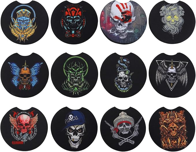 12 Pack Car Coasters for Cup Holders – Cute Absorbent Ceramic Car Accessories for Women Interior, Coaster Set for Drinks with Finger Notch, Stylish Cup Holder Inserts - Rock Skull Series