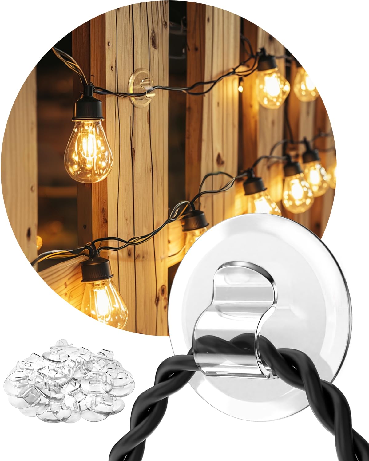 (ApeBest) Light Clips for Outside String Lights: 48 Pack Adhesive Hooks for Outdoor String Lights - Outdoor Light Clips for Hanging Patio Balcony Fence - Rope Led Light Strip Decor Hooks