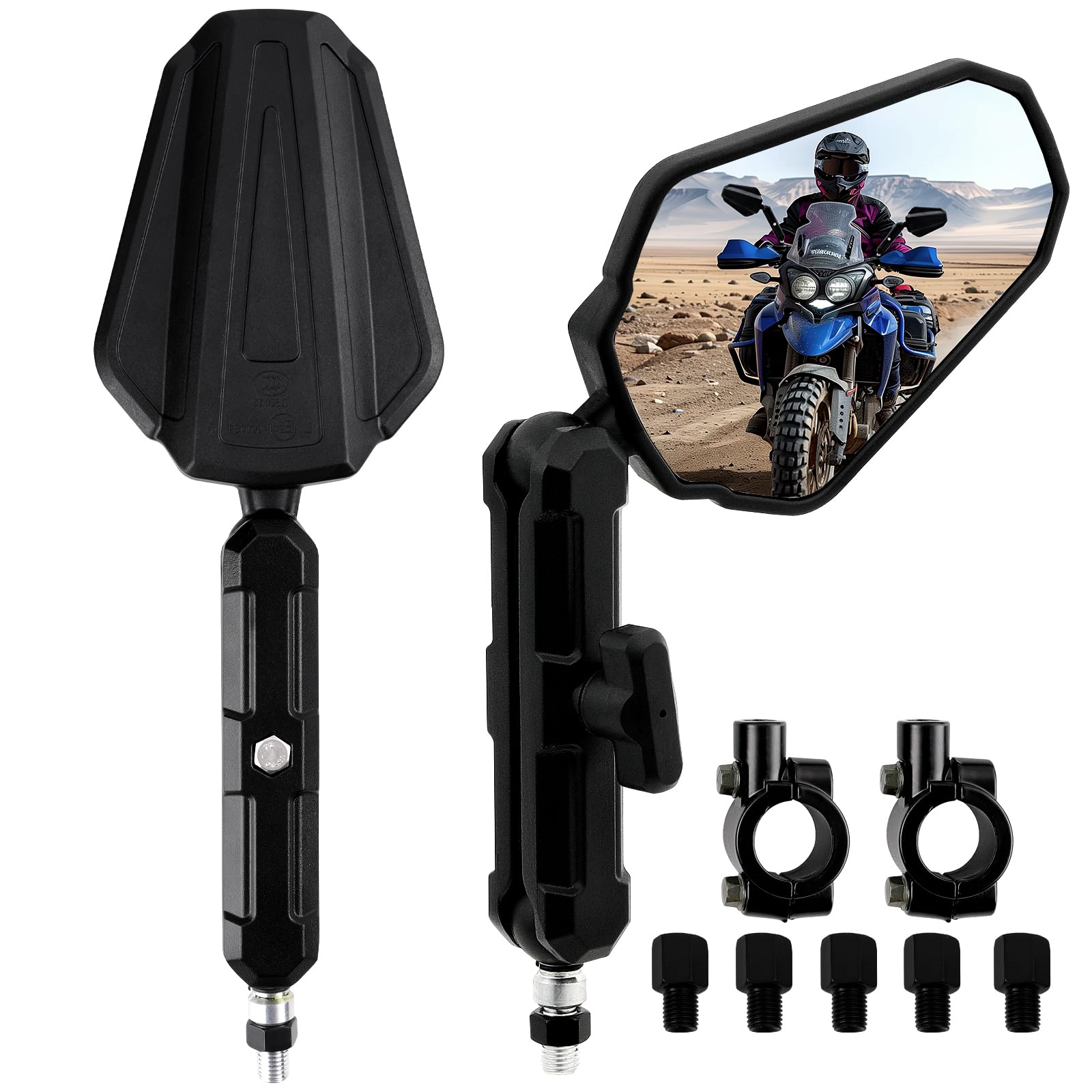 Adventure Espejo Retrovisor para Motocicleta Homologación E24, Plegable 360° con Manillar de 22 mm Tornillos M8/M10, Ccompatible para Street Dirt Bike Ebike Scooter ATV Quad