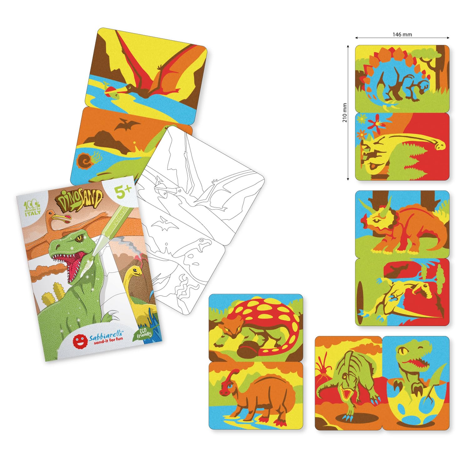 Sabbiarelli Sand-it For Fun – Kit Dinosand 5+ | Kit di Sand Art a Tema Dinosauri 100% Made in Italy con Sabbia Colorata, Disegni Adesivi e Accessori | Lavoretti Creativi per Bambino 5-12 anni