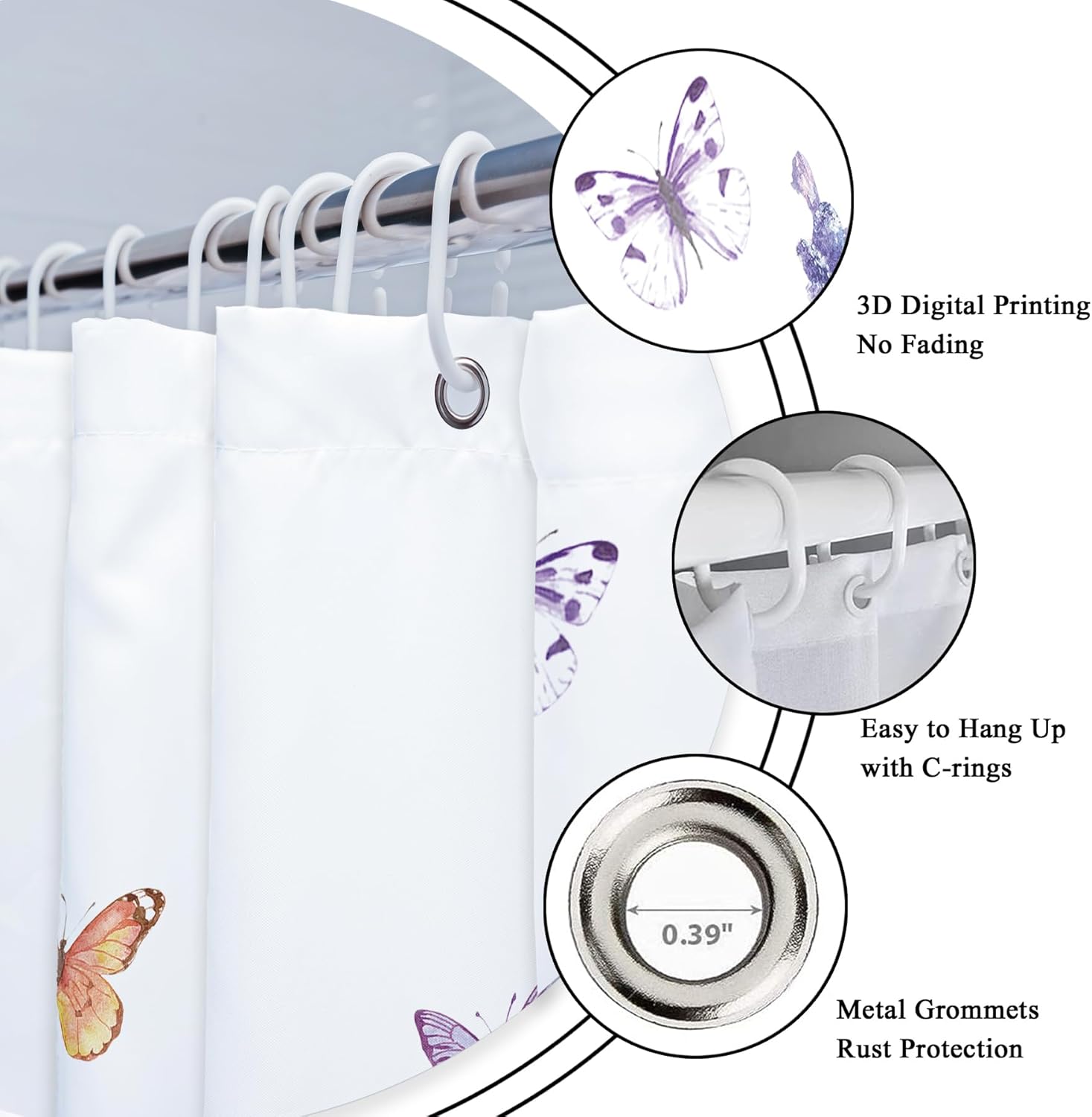 Riyidecor Purple Lavender Shower Curtain for Bathroom Decor 72Wx78H Lilac Floral Wildflower Flowers Butterfly Leaves Botanical Plants Art Printed Fabric Polyester Waterproof 12 Pack Plastic Hooks