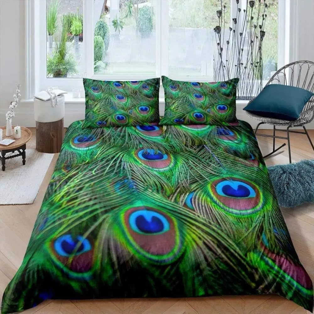 Pościel 220 x 240 cm, pawie pióra, przytulna, miękka pościel z mikrofibry, poszwa na kołdrę 220 x 240 cm, z zamkiem błyskawicznym i 2 poszewkami na poduszkę 80 x 80 cm, C-2548