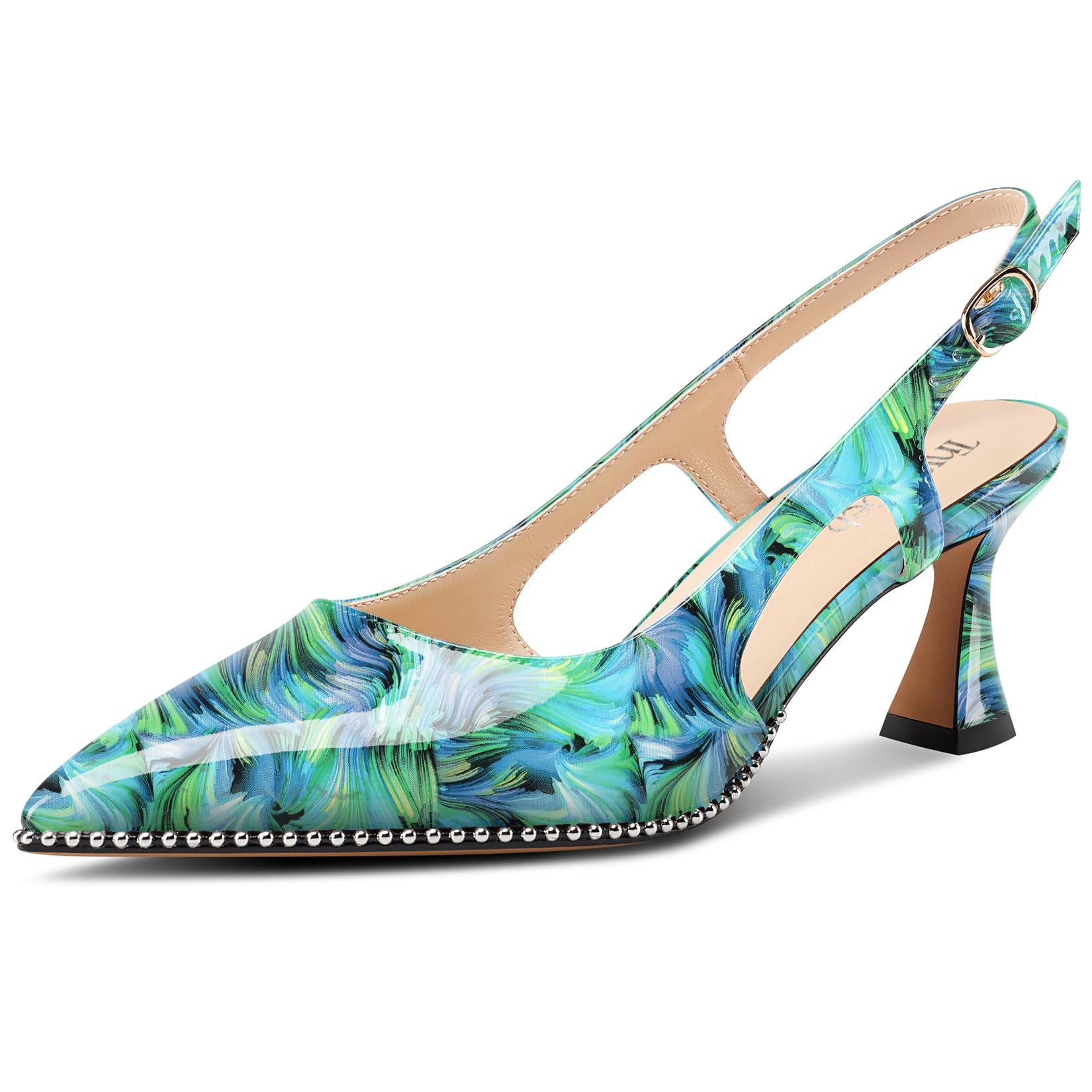 TNYNFBEB Womens Kitten Heel Pointed Toe Pumps Sliver Beaded Slingback Slip-on Buckle Prom Dress Basic Classic Patent Leather