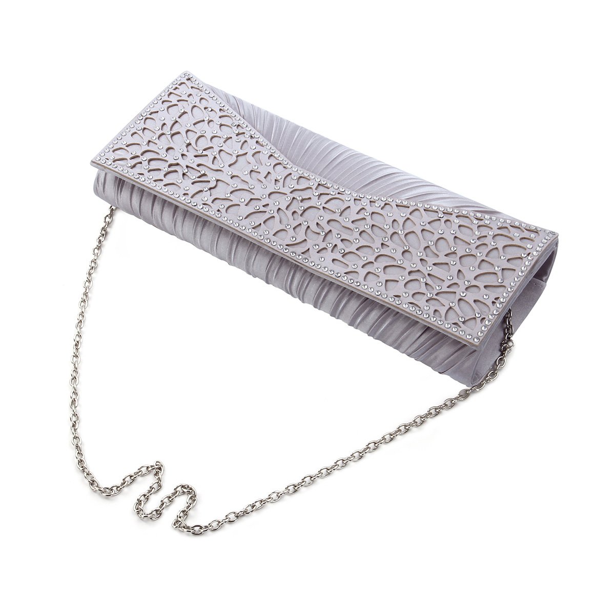 Elegant Pleated Satin Floral Crystal Flap Clutch Evening Bag, Silver