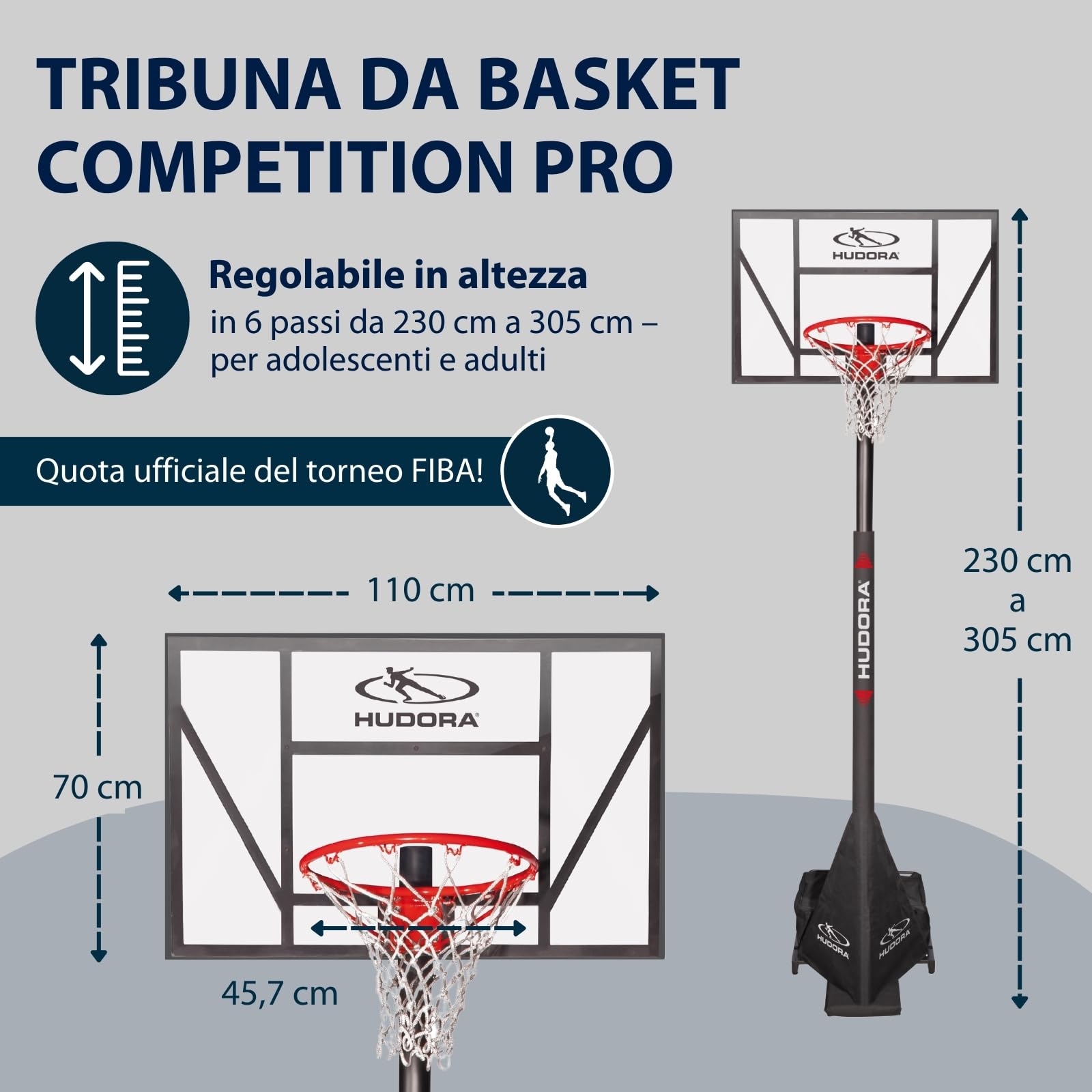 HUDORA Competition Pro - Canestro da basket regolabile in altezza con supporto per bambini/ragazzi e adulti - Canestro da basket mobile all'aperto - Cestino da basket con ruote