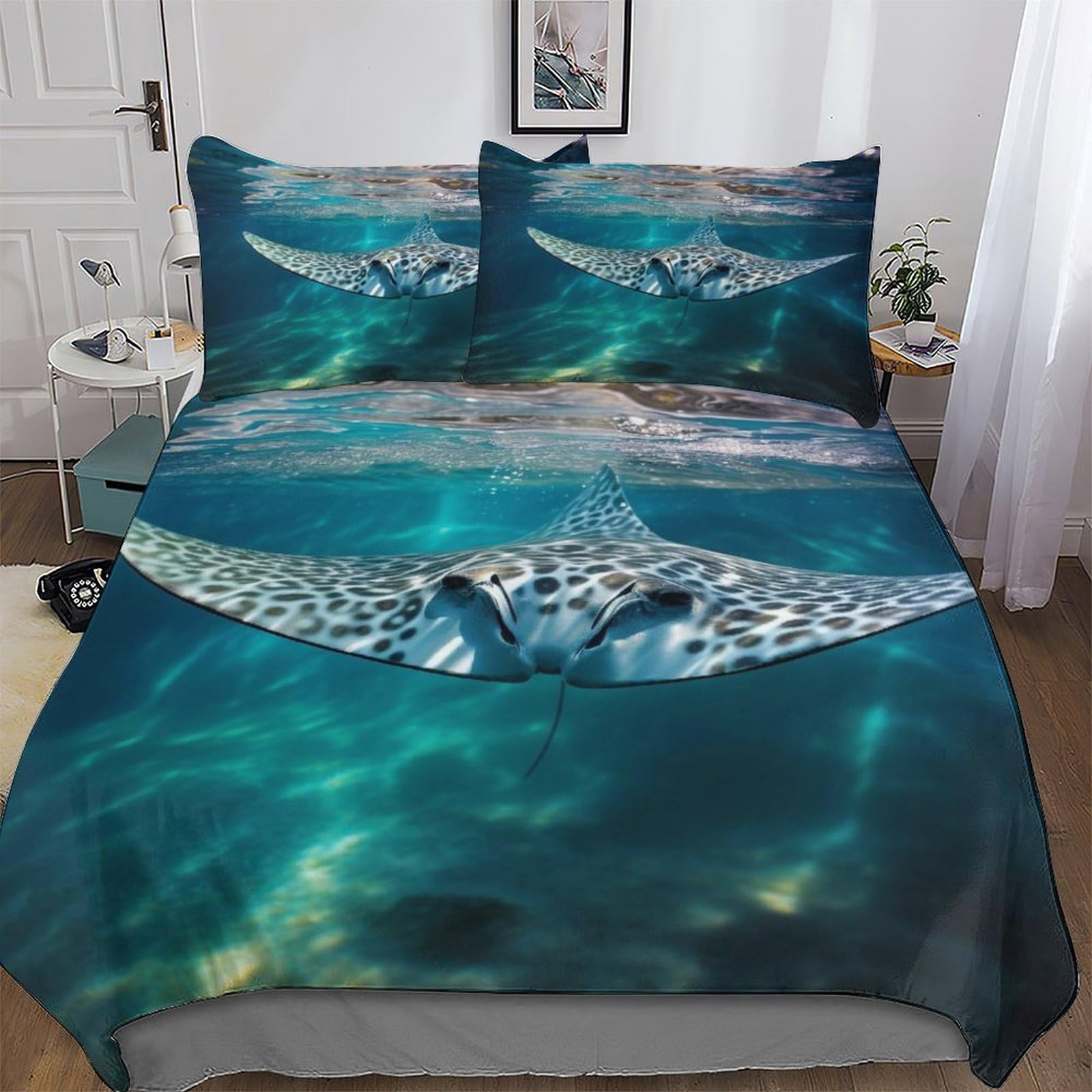 Pazzk Manta Ray Print Bedding Sets With Pillowcase Soft Duvet Cover Brushed Microfiber 2Pcs Set Quilt Cover With Zipper Closure For Kids Youth Adult Comforter Cover Single (135X200cm)