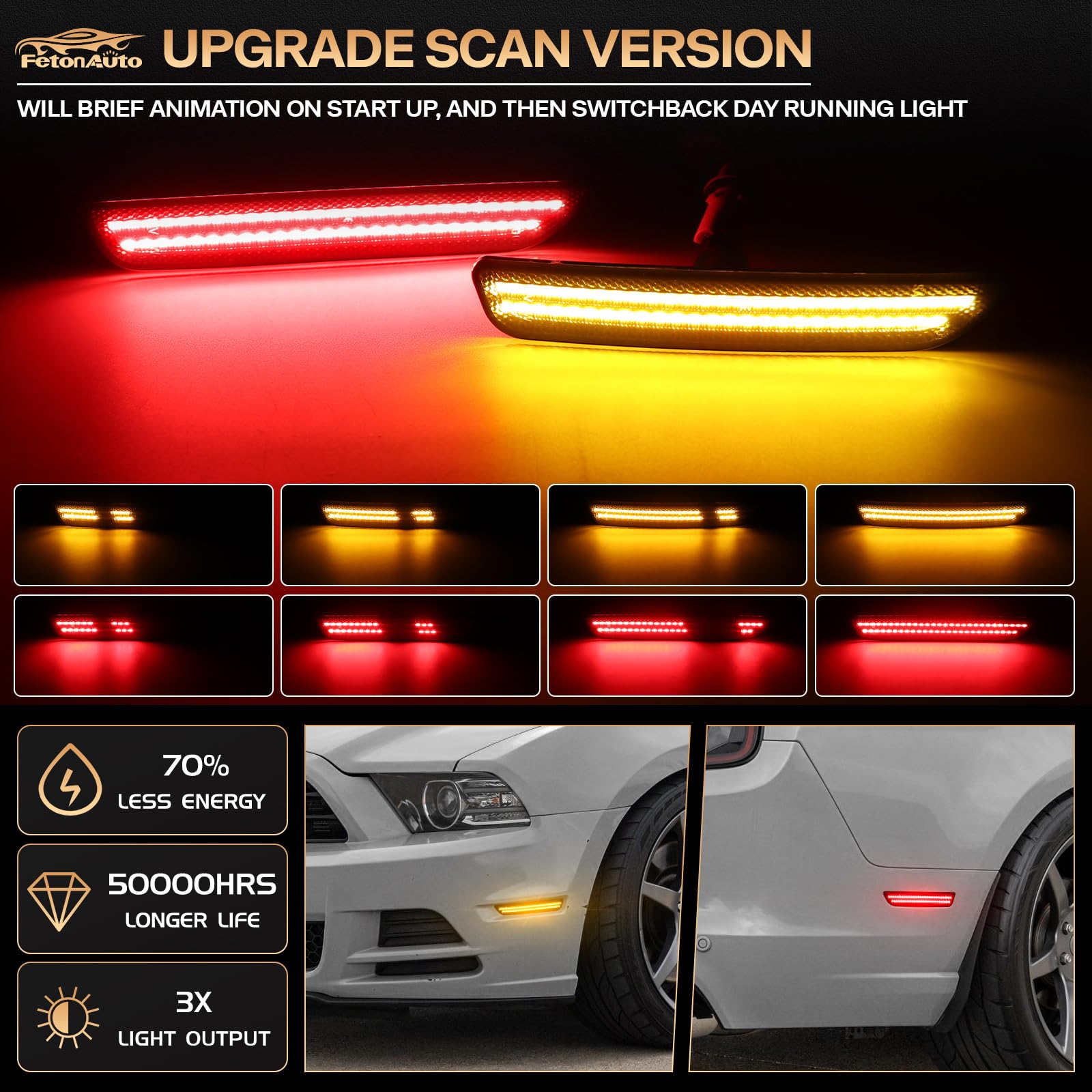 Dynamic Sequential Amber Red LED Side Marker Lights for Ford Mustang 2010 2011 2012 2013 2014 Front Rear Bumper Reflector Indicator Assembly, Smoked Lens