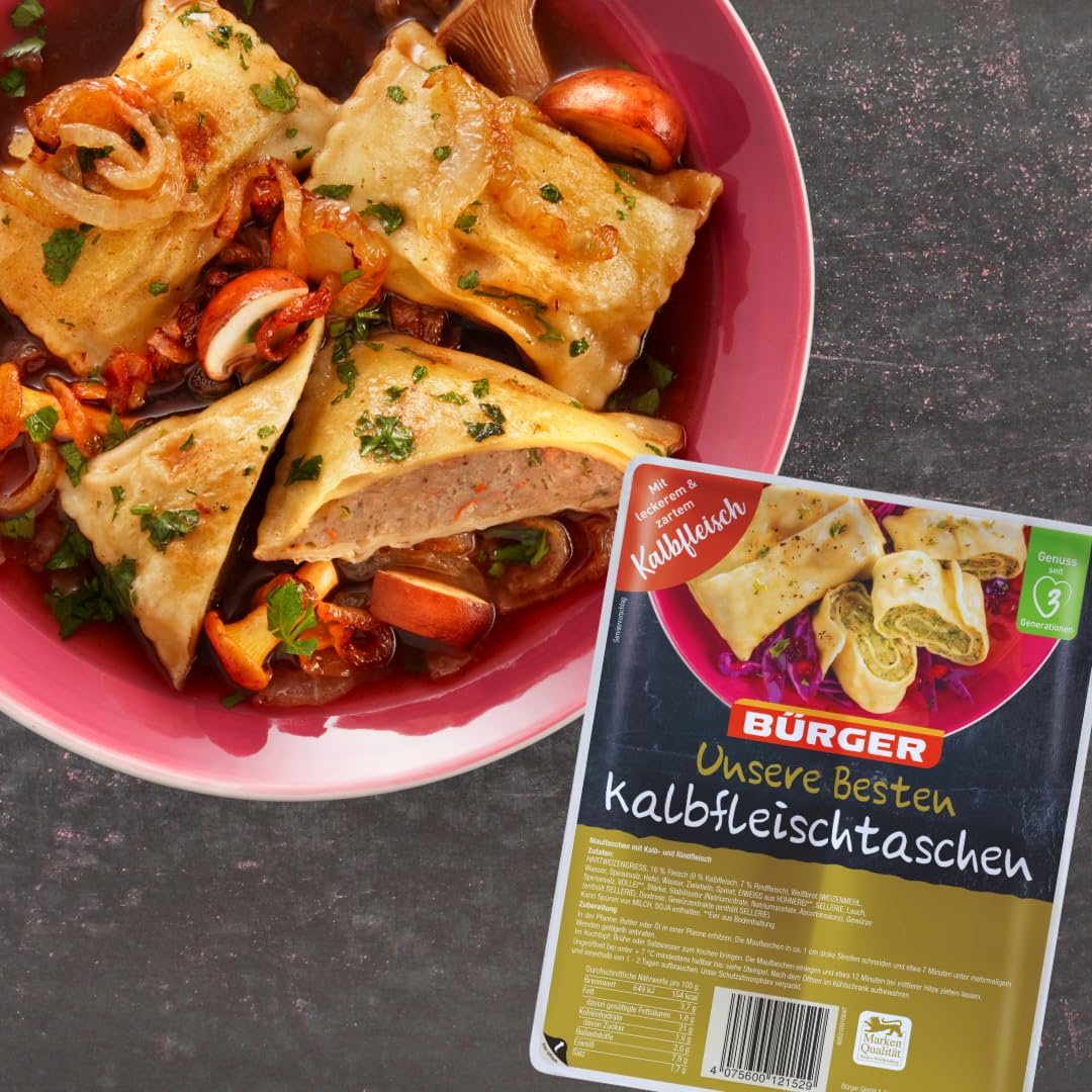 BÜRGER - „Unsere Besten Kalbfleischtaschen “ vorgegart, kochfest, mit zartem Kalbfleisch 6 x 360 g - vorgegart, gekühlt, ideal zum Kochen, Braten & Überbacken