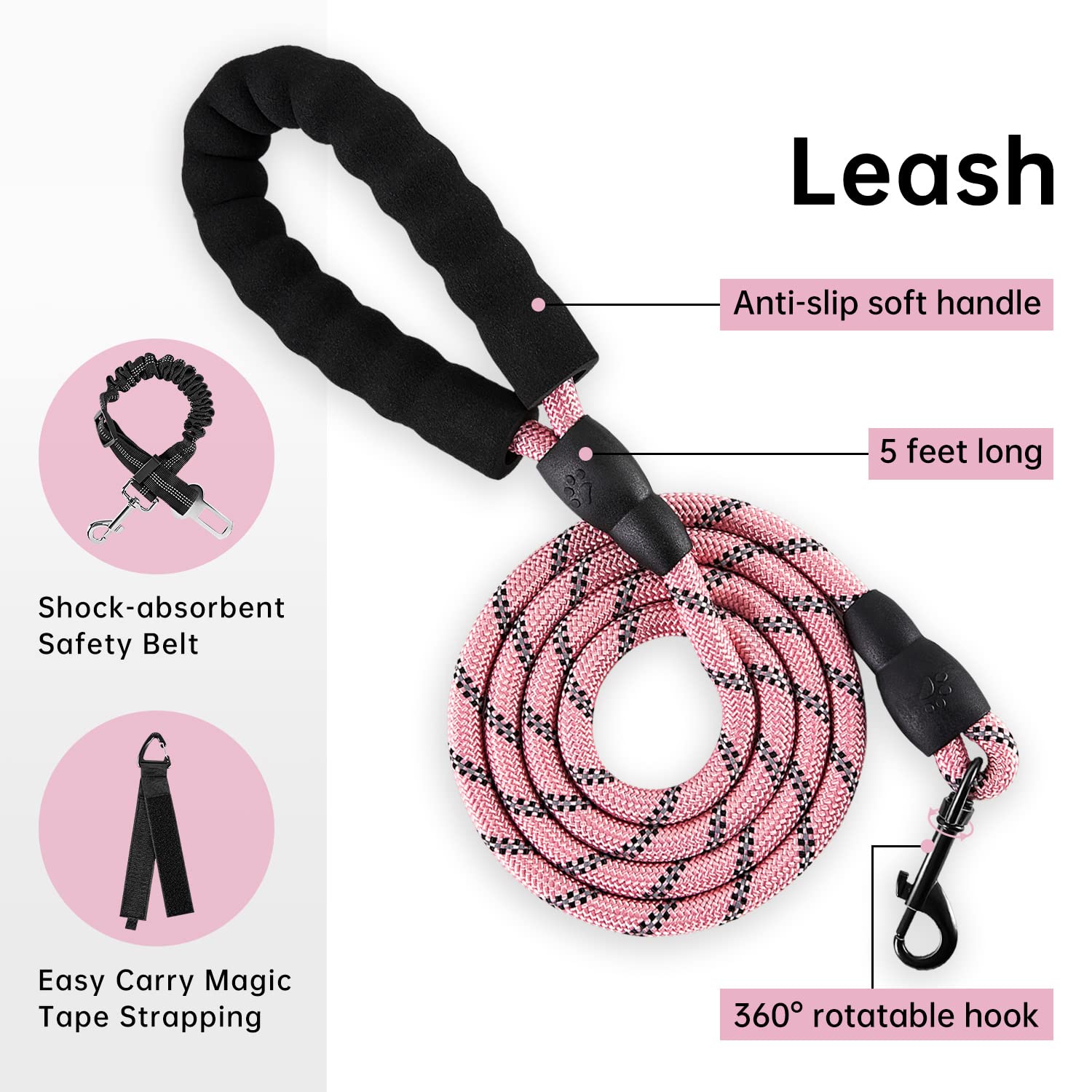 IVY&LANE Arnés sin tirones para perros pequeños, arnés de chaleco con correa, cinturón de seguridad y correa de almacenamiento, arnés totalmente ajustable, tira reflectante de 360°, mango suave (rosa,