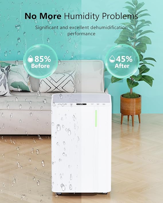 Dehumidifier, 20L/Day Quiet Portable Compressor Dehumidifier for Bedroom Bathroom Warehouse with 3 Modes, 24H Timer, Continuous Drainage, Humidity Control, Dryer Function, Auto Defrost, Low Energy