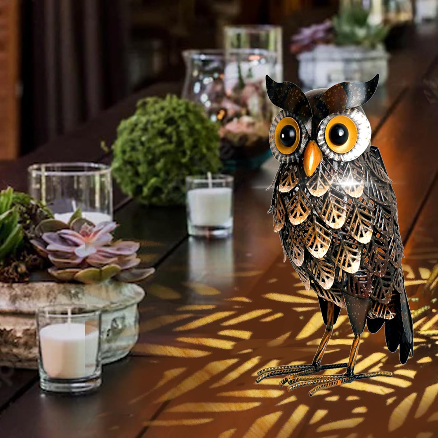 Shorayn Garden Statue Metal Owl Yard Art Outdoor Decor with Solar LED Lights for Patio Lawn Decoration Great Gifts - Image 8