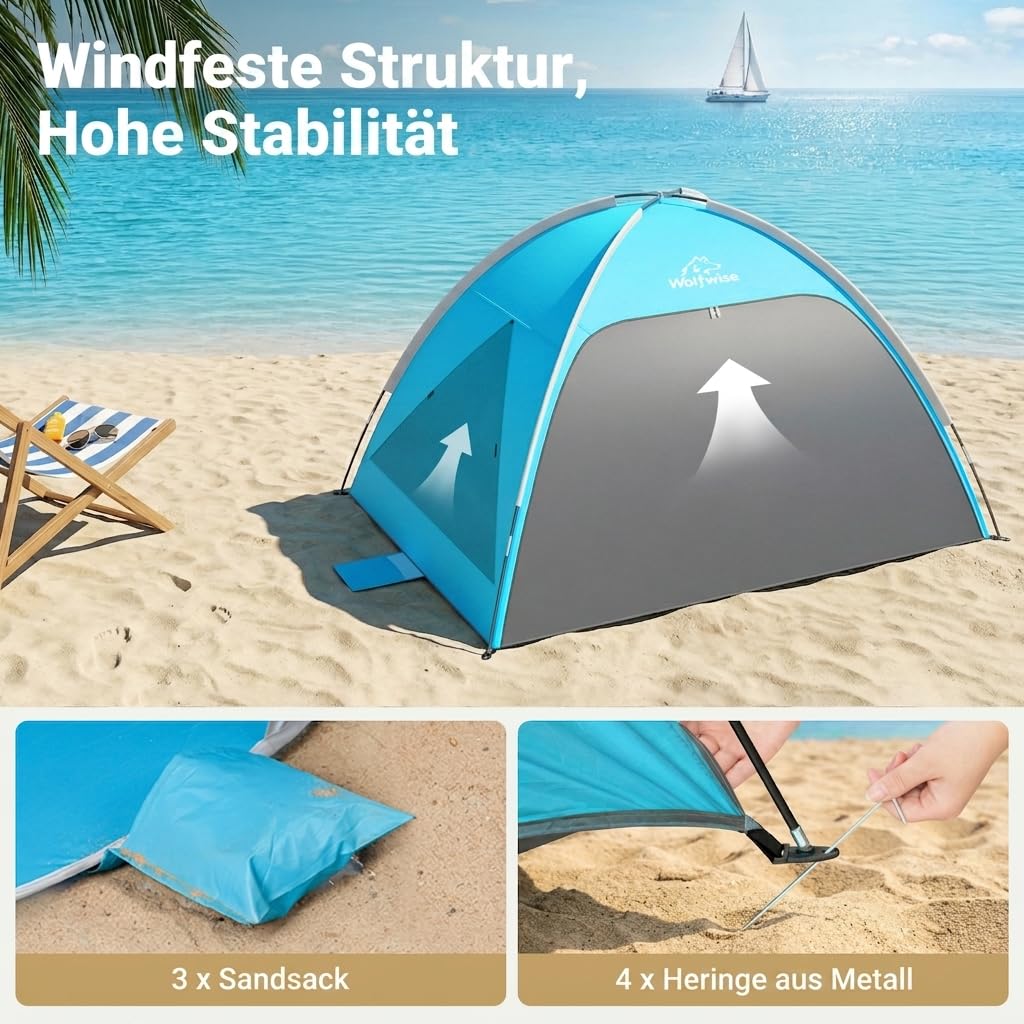Wolfwise Strandmuschel UV Schutz, 3 Belüftungsfenster & Tragetasche, Strand Zelt mit erweiterbarem Boden für Privatsphäre, 3 Personen, 220x150x122cm(87 ''x59''x48''), Blau