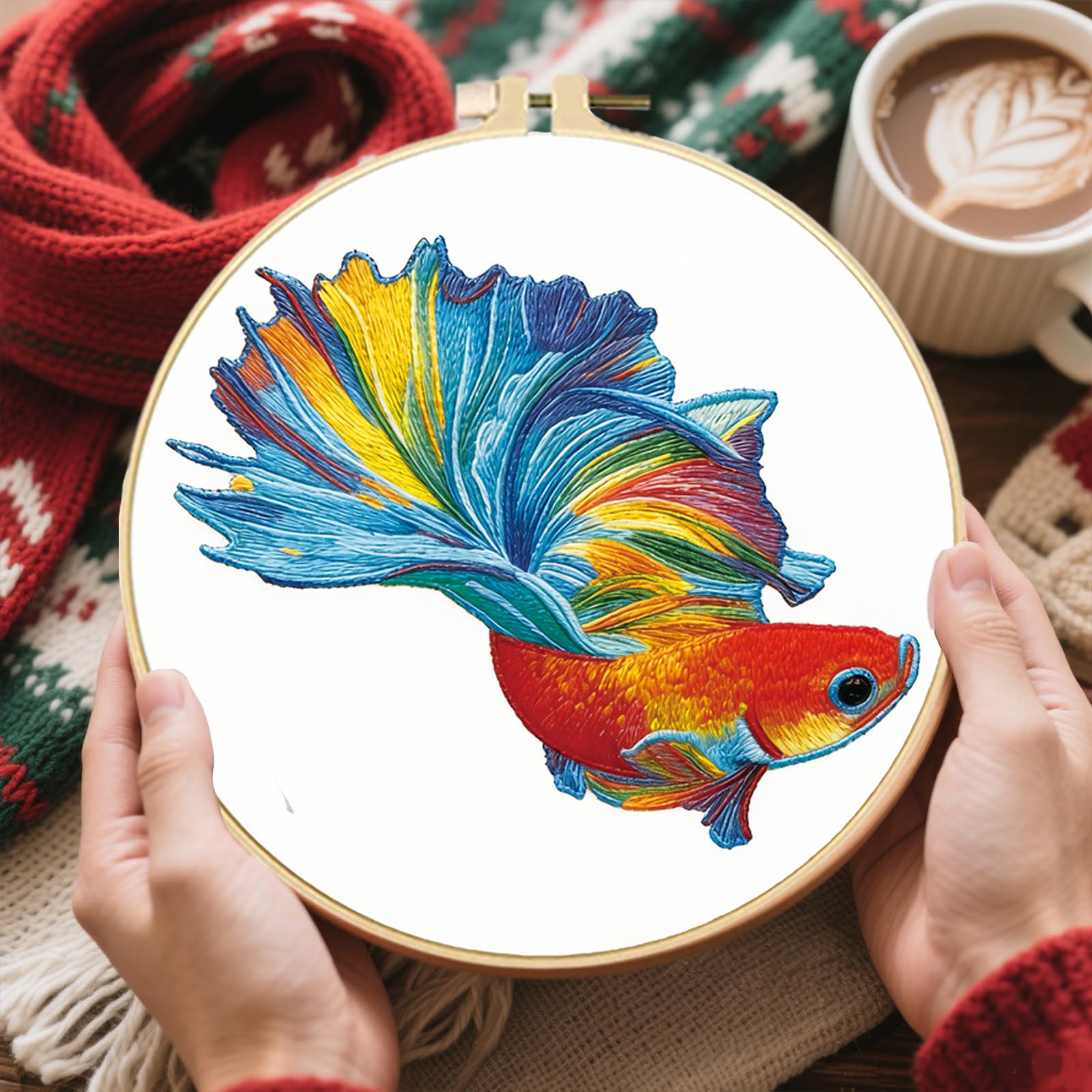 FREEBLOSS 4 Stickset Für Anfänger Stickset Mit Vorgedrucktem Koi Fisch Muster Anleitung Farbige Fäden 2 Creolen 7.87"/20cm
