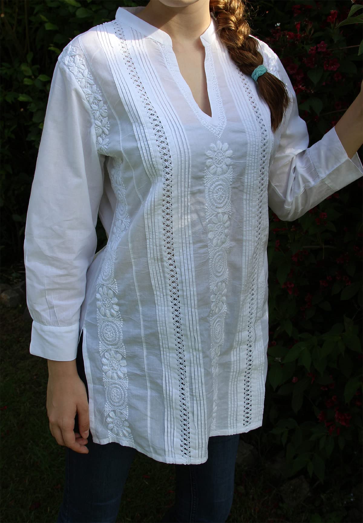 Kurti Bluse Top Tunika Baumwolle weiß handbestickt