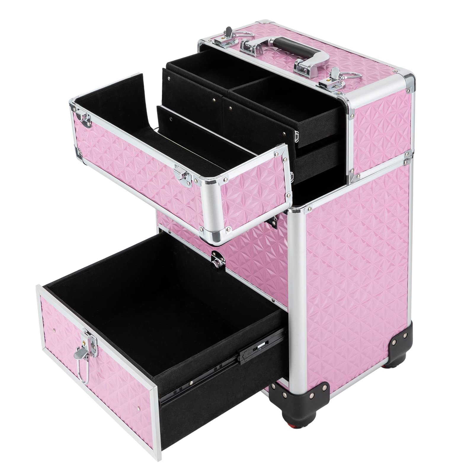 Kosmetikkoffer Trolley, Schminkkoffer mit Schubladen groß Abschließbar Friseurkoffer Reisen Make-up Koffer mit 360° drehbare Rollen 34 x 25 x 47 cm (Rosa)