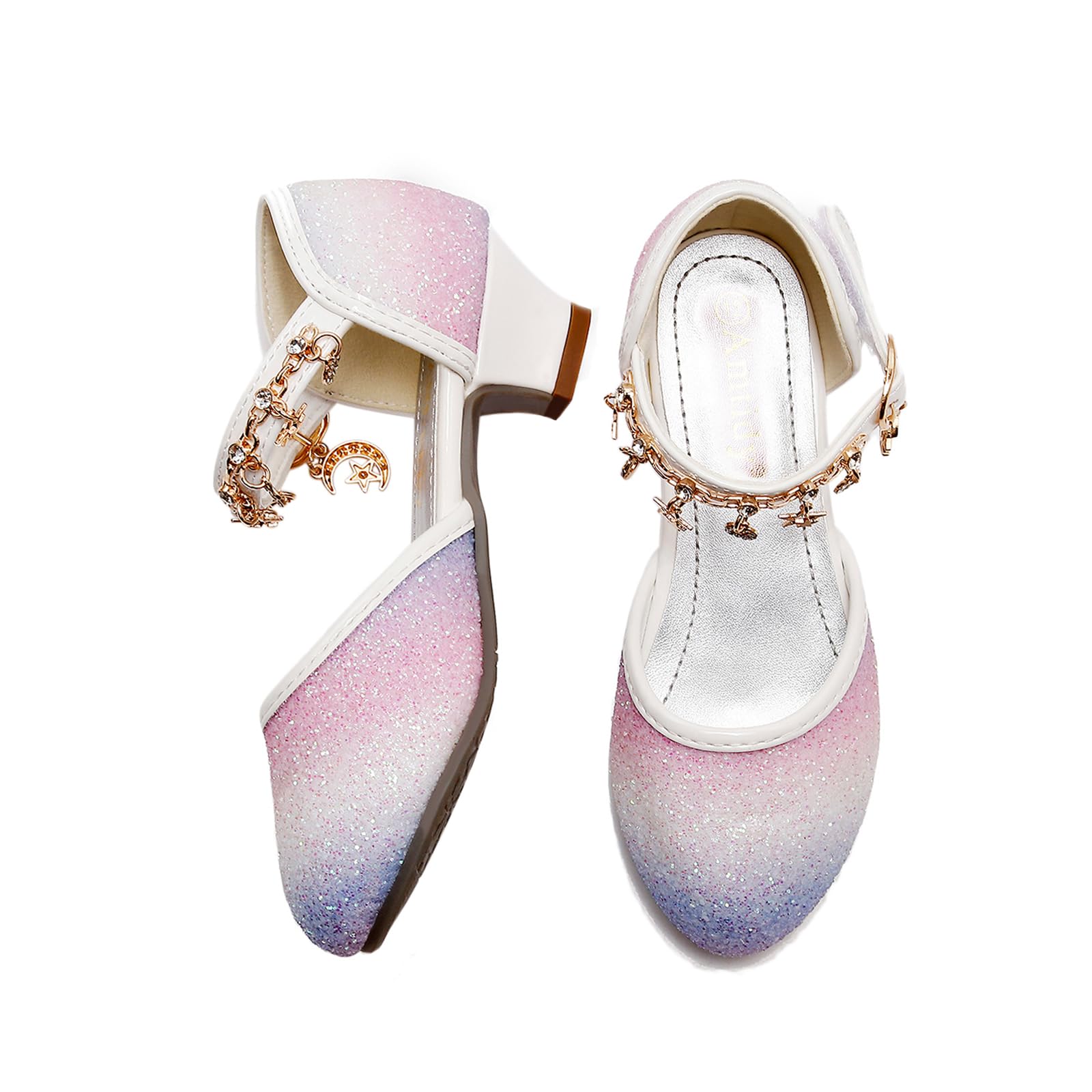 Amtidy Girls Glitter Bow Low Heel Princess Shoes, Mary Jane Ankle Strap Dress Pumps for Wedding Birthday Party Performance