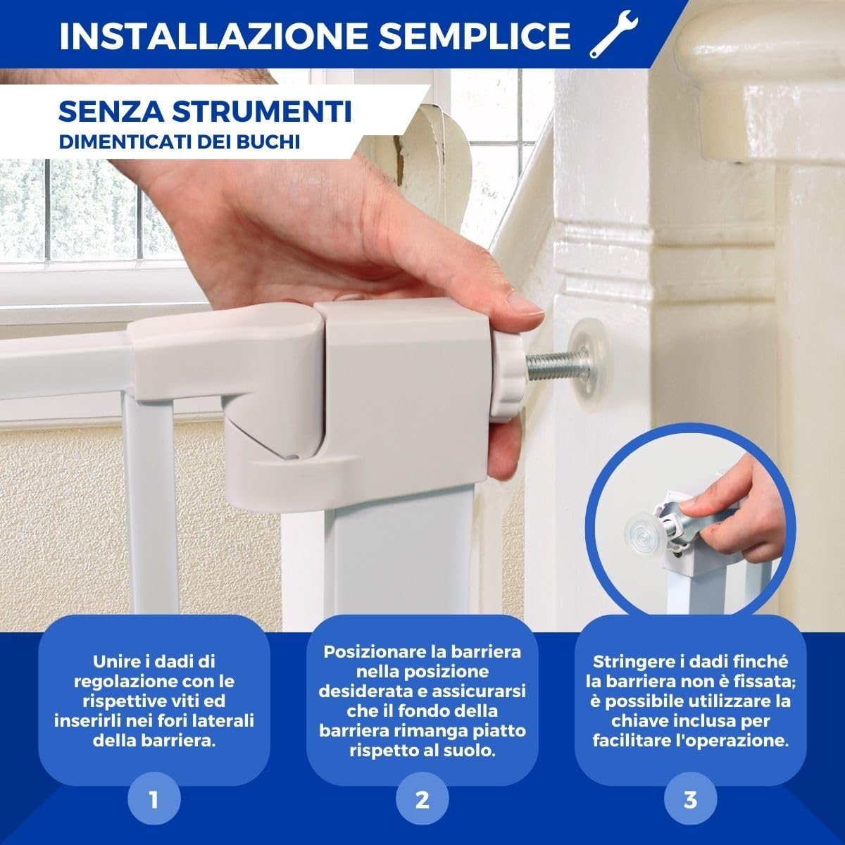 Mobiclinic® kids, Cancelletto di sicurezza per bambini e animali domestici, Raily, Chiusura automatica, Doppia apertura, Larghezza da 75 a 82 cm, Montaggio pressione senza fori, Scale porte
