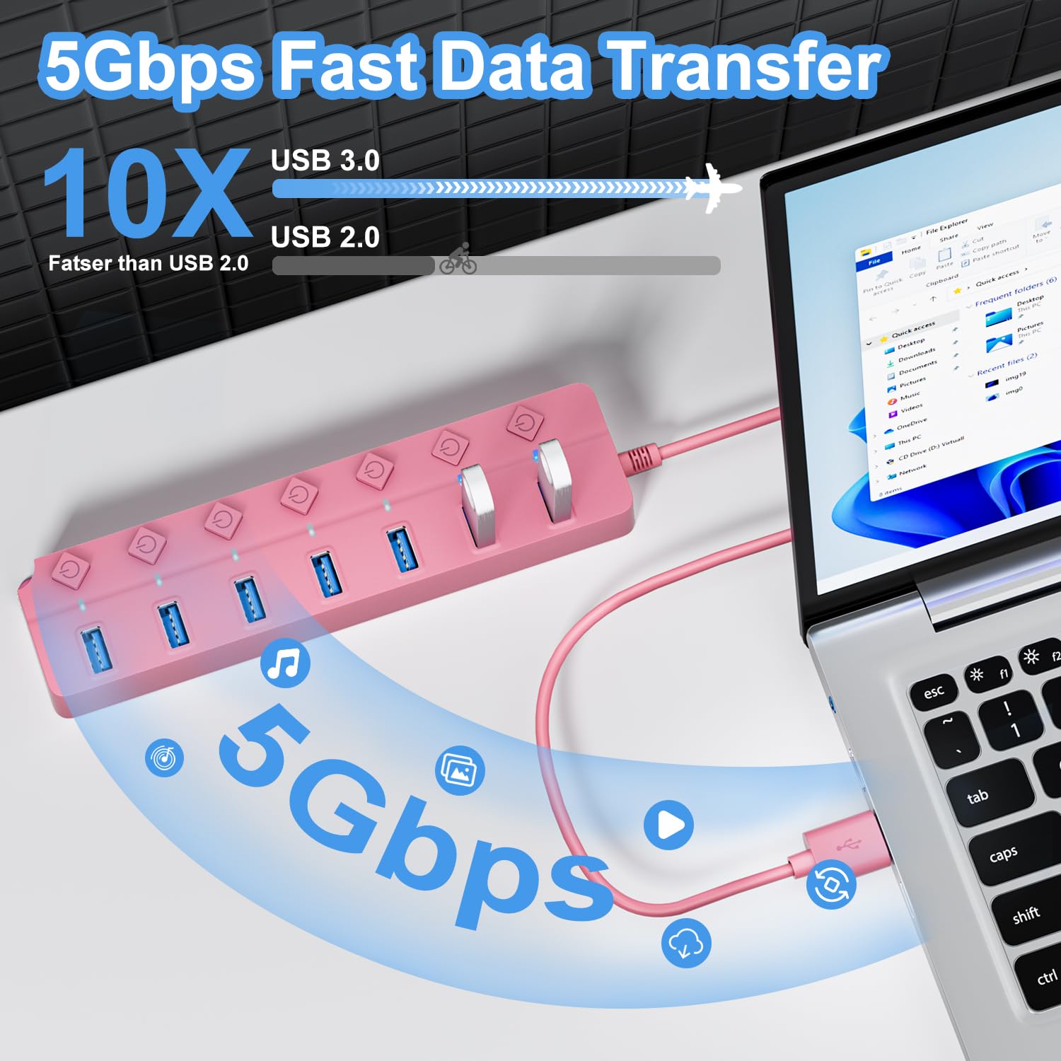 ONFINIO Hub USB 3.0, 7-portowy rozdzielacz koncentratora USB z indywidualnymi włącznikami i światłami, kabel o długości 1 m, kompatybilny z MacBookiem, laptopem, Surface Pro, PS4, PC, pendrivem