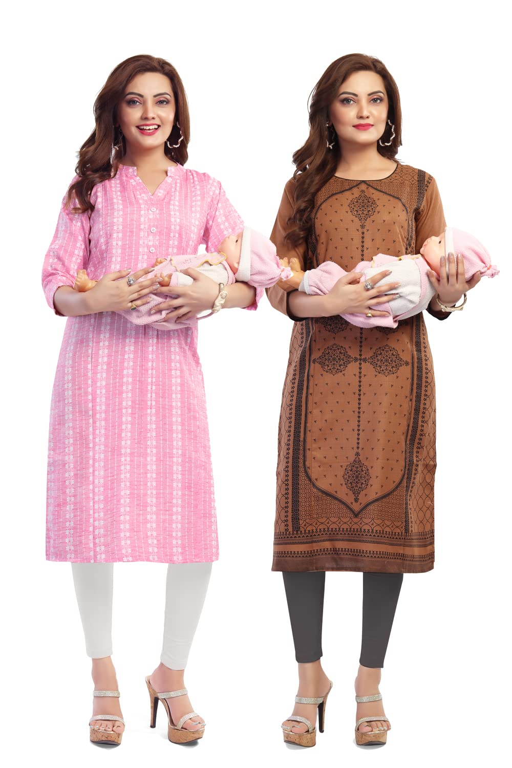 Mom&BaeWomen's Collar Design Printed Straight Maternity & Feeding Kurti with Concealed Zip, Combo Pack