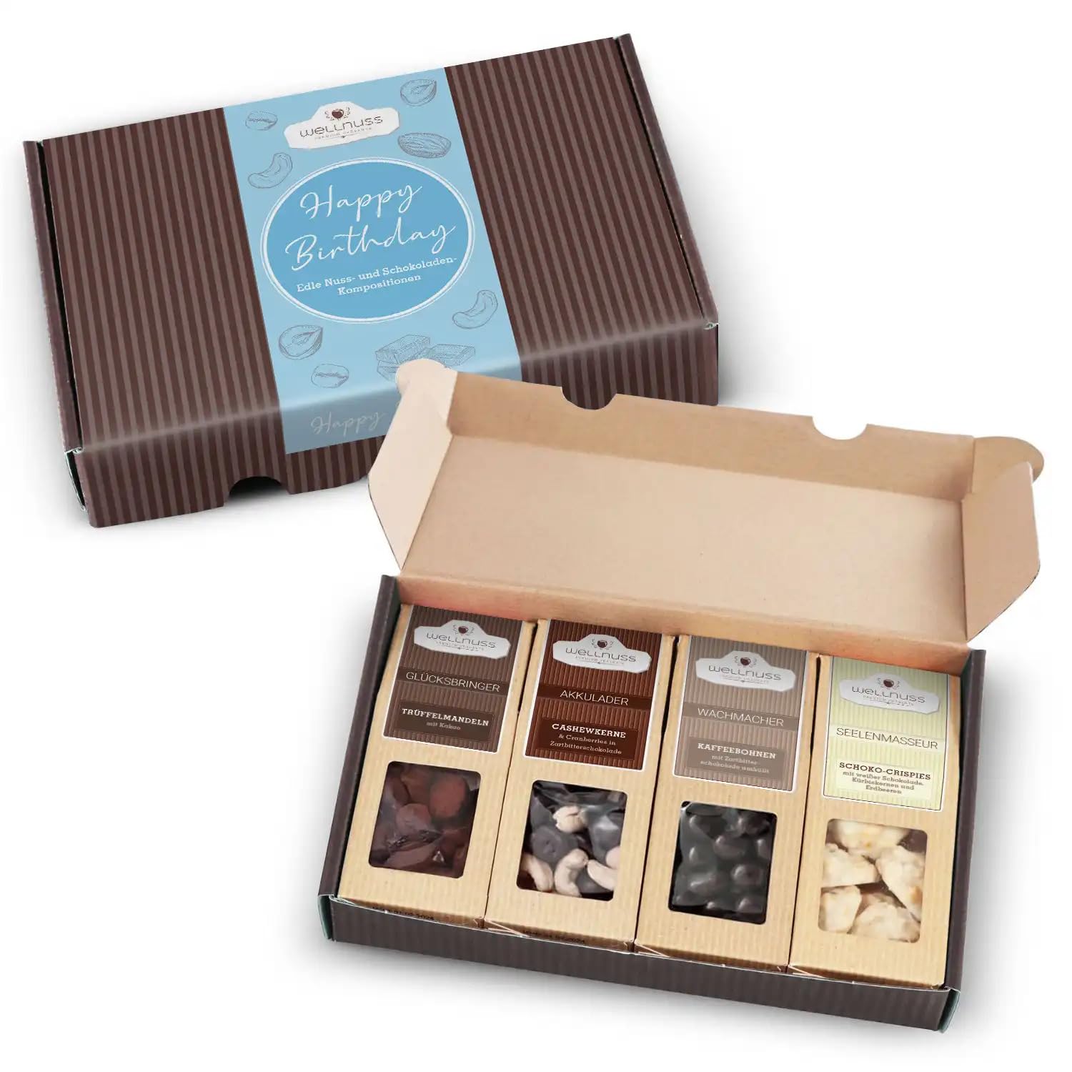 wellnuss Happy Birthday - 4 Schokoladensnack im Geschenkkarton - Best of Chocolate - Das Geburtstagsgeschenk für Feinschmecker und Genießer