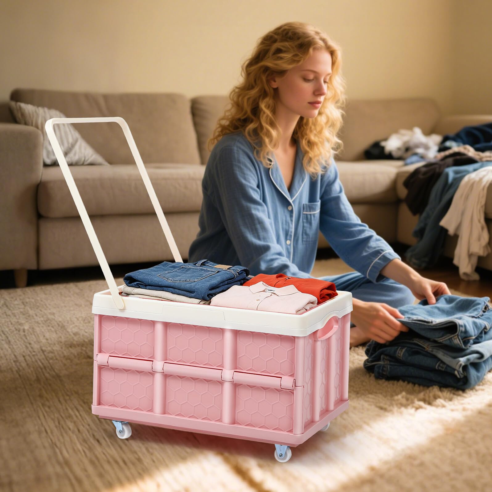 Faltbare Aufbewahrungsbox mit Deckel und Rollen, Groß, Rosa, Kunststoff