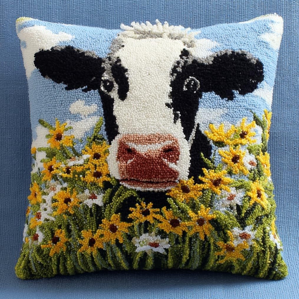 AxiangziK DIY Latch Hook Pillow Kit,Cows and Flowers