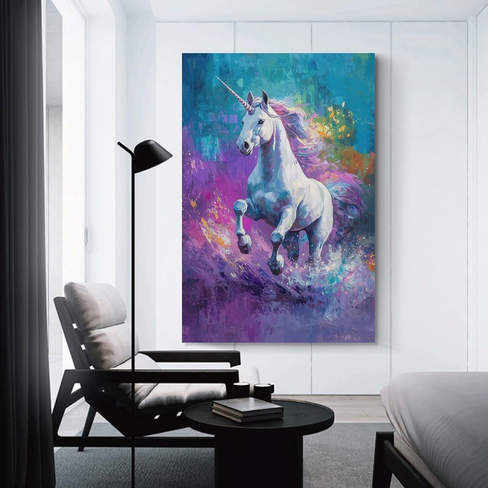 Junmoney White Unicorn Running Wall Picture Print 20x30inch(50x75cm), for Lounge Decor, Offices Or Entryway Styling, A Flexible Wall Accent for Shared Spaces